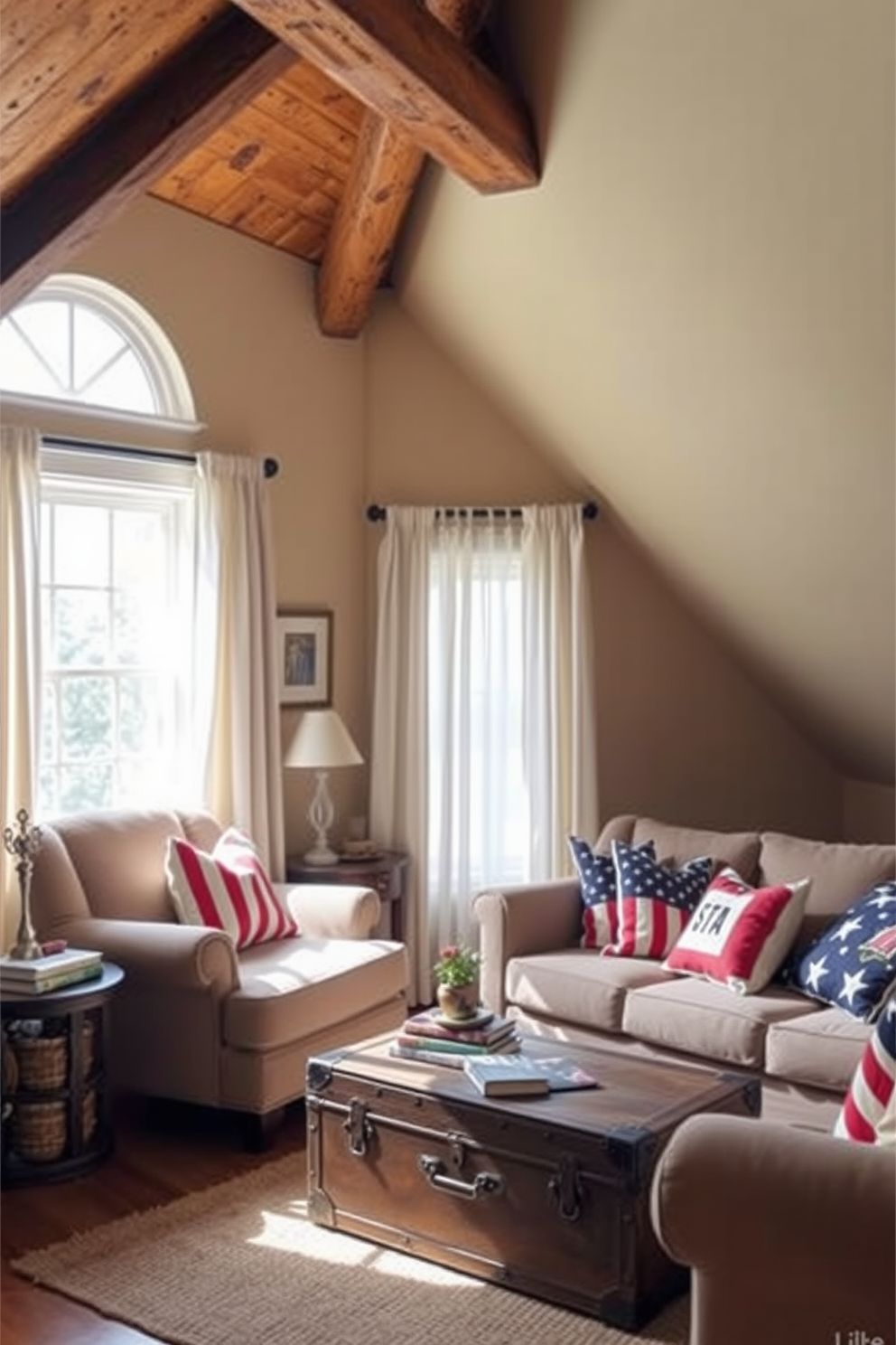 Cozy reading nook with soft lighting. A plush armchair is positioned next to a large window, draped with sheer curtains that allow soft sunlight to filter through. A small side table holds a steaming cup of tea and a stack of books. The walls are painted in a warm beige, and a woven rug adds texture to the wooden floor. Memorial Day Attic Decorating Ideas. The attic features a rustic wooden beam ceiling with exposed rafters, creating a charming atmosphere. A vintage trunk serves as a coffee table, surrounded by comfortable seating adorned with red, white, and blue throw pillows.