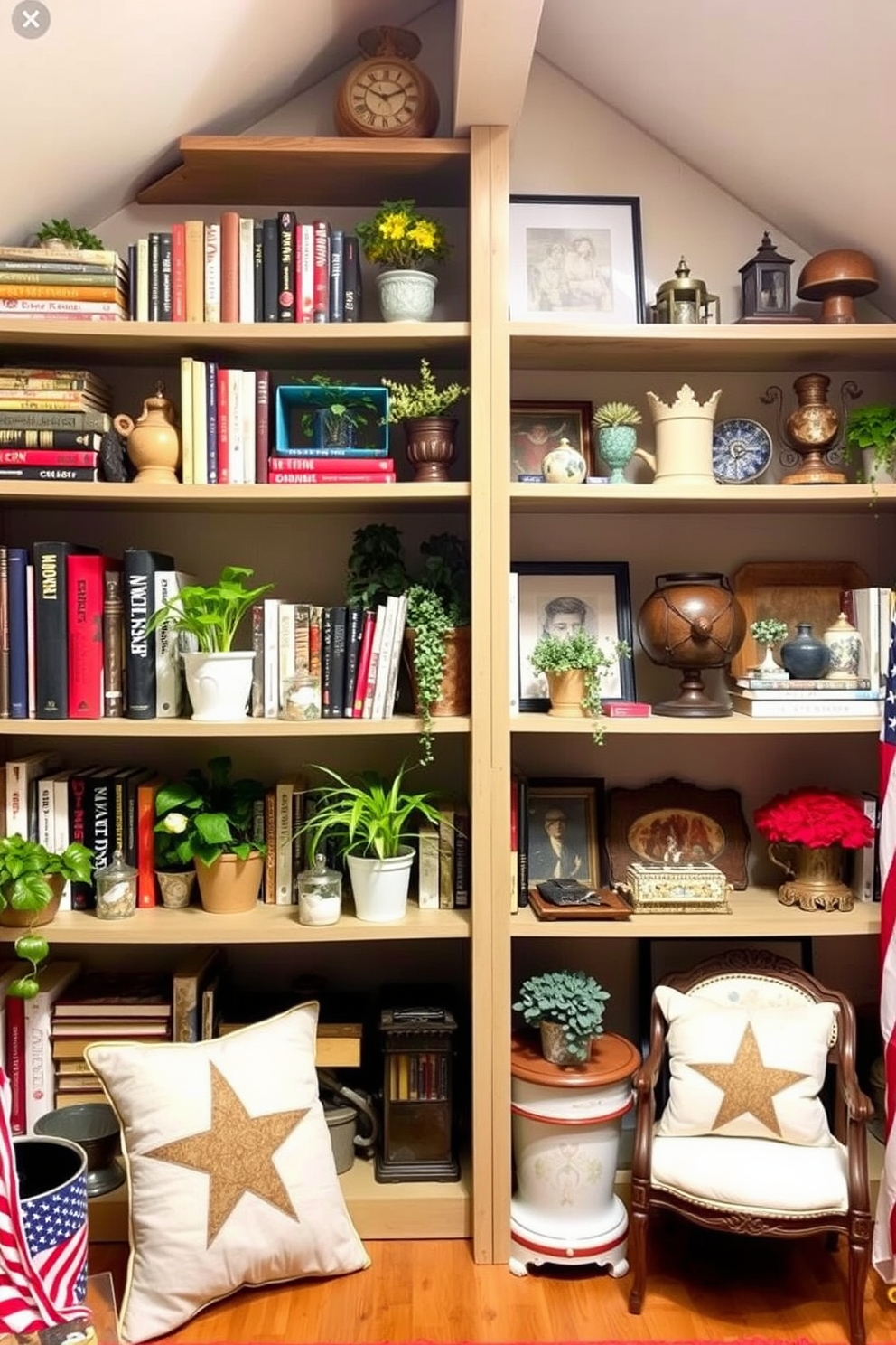 Open shelving for decorative displays. The shelves are filled with an eclectic mix of books, plants, and unique decorative items that create a personalized touch. Memorial Day Attic Decorating Ideas. The attic is transformed into a cozy retreat with patriotic decor, including red, white, and blue accents, along with vintage furniture that adds character.