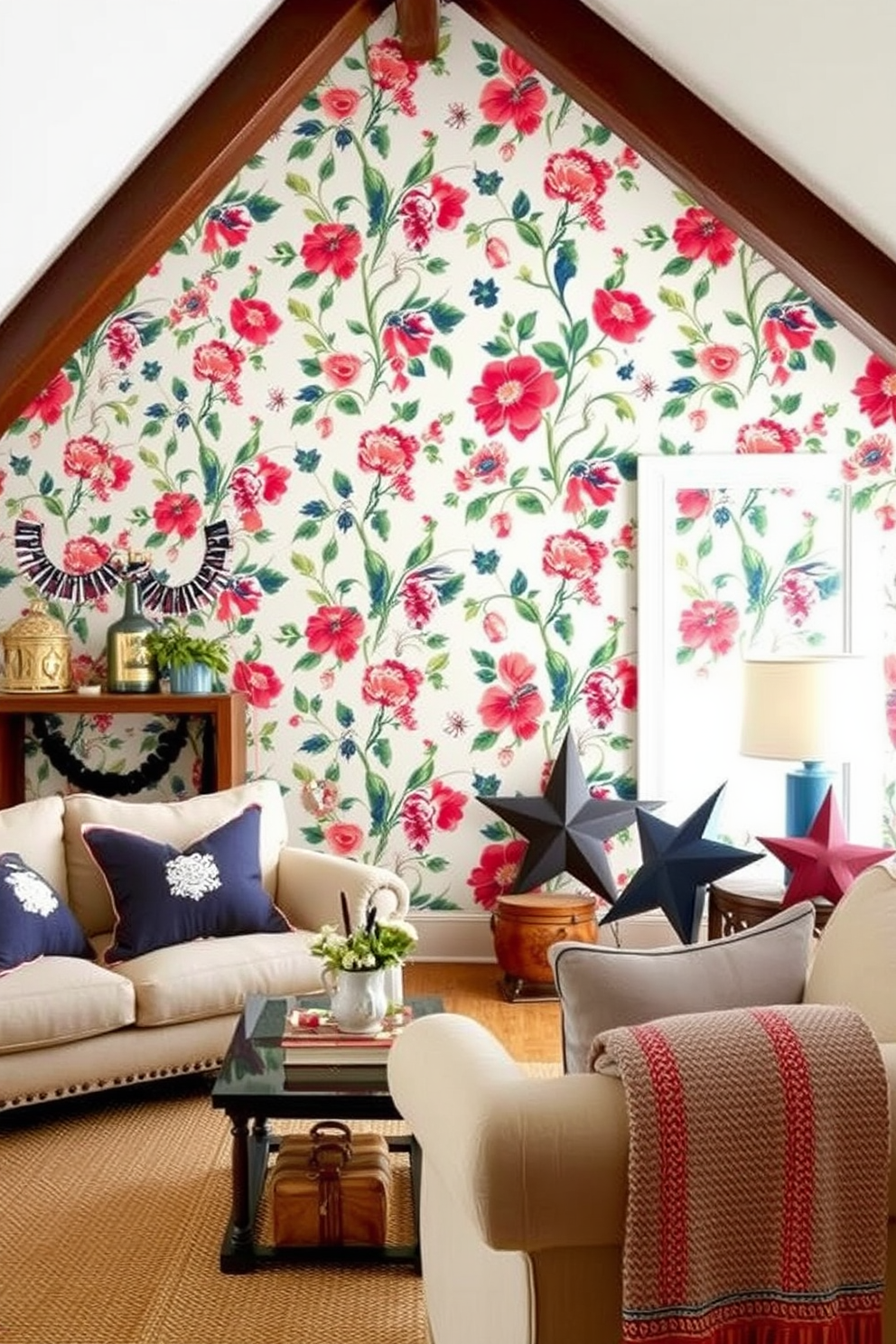 Accent wall with bold wallpaper design. A striking floral pattern in vibrant colors creates a focal point in the living room, contrasting beautifully with the neutral furniture. Memorial Day attic decorating ideas. Vintage patriotic decorations such as bunting and stars can be arranged alongside cozy seating, creating a festive yet inviting atmosphere for summer gatherings.