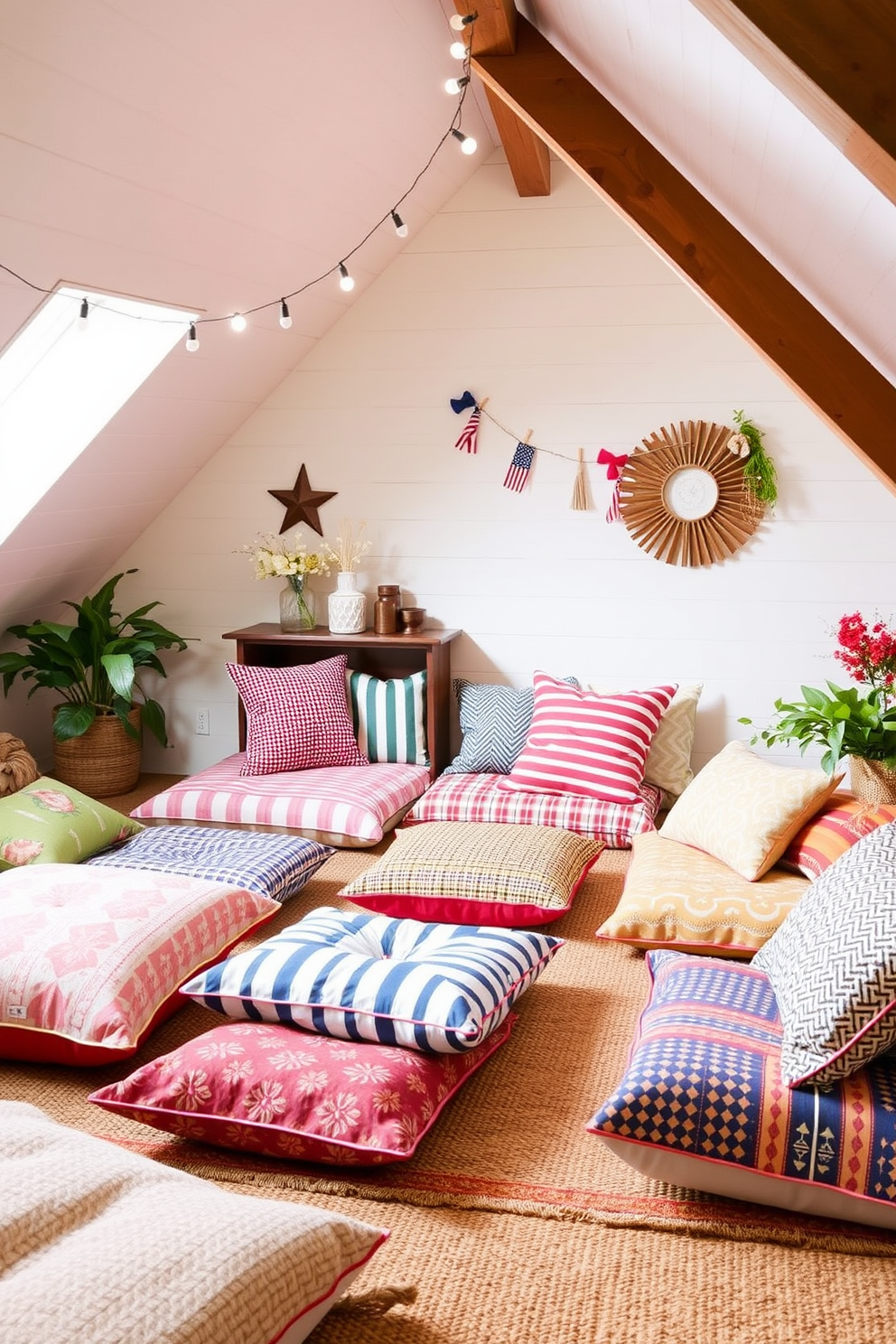 Create a cozy attic space perfect for Memorial Day gatherings. Incorporate colorful floor cushions in various patterns and textures to provide casual seating options for guests. Design the attic with a light and airy feel, using soft pastel colors on the walls. Add decorative elements like string lights and seasonal decor to enhance the festive atmosphere.