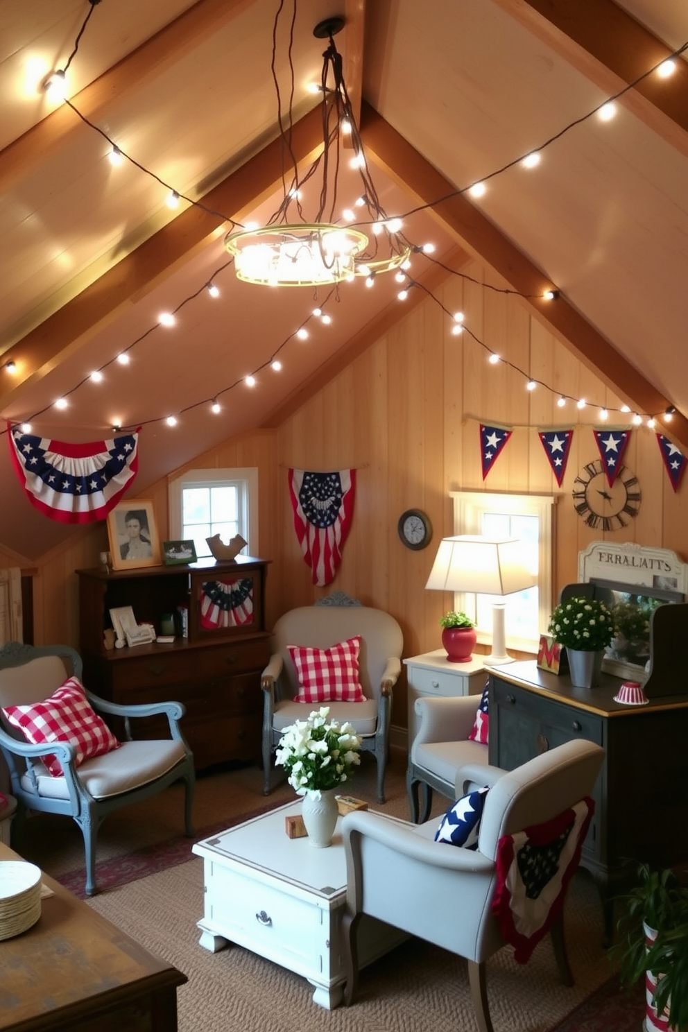 A cozy attic space decorated for Memorial Day. String lights hang across the ceiling, adding a whimsical touch to the patriotic decor. Red, white, and blue accents are featured throughout the room. Vintage furniture pieces create a charming and inviting atmosphere.