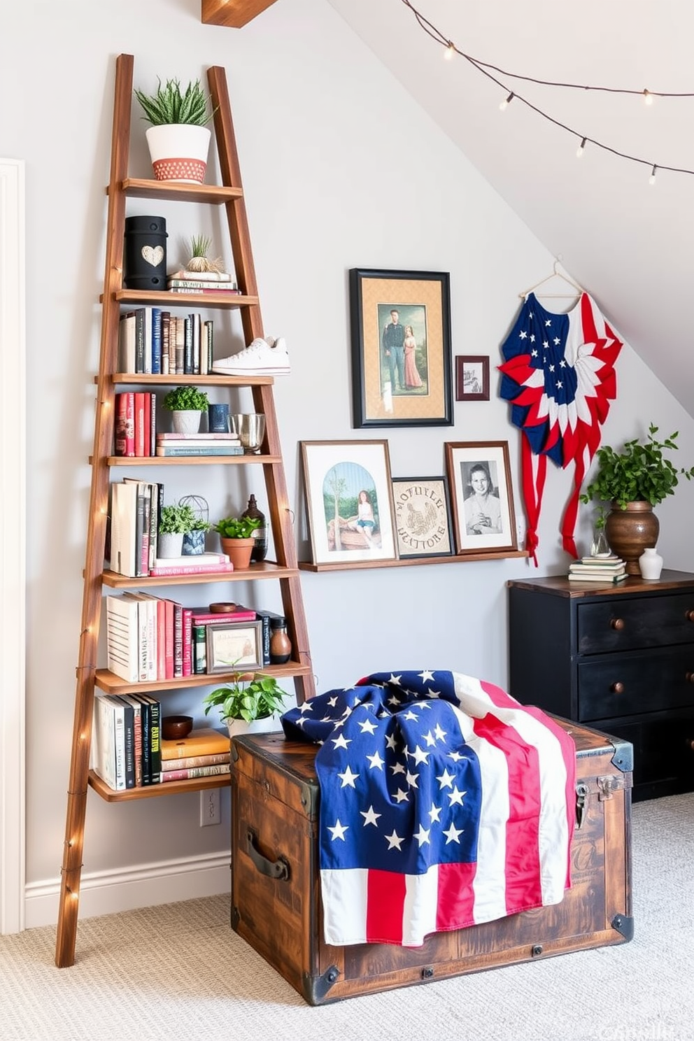 A stylish ladder bookshelf made of reclaimed wood leans against a soft gray wall. It is filled with an array of books, decorative plants, and framed photos, creating a cozy and inviting atmosphere. For Memorial Day, the attic is adorned with red, white, and blue accents, including a vintage American flag draped over a rustic trunk. Soft lighting from string lights casts a warm glow, enhancing the festive and patriotic spirit of the space.