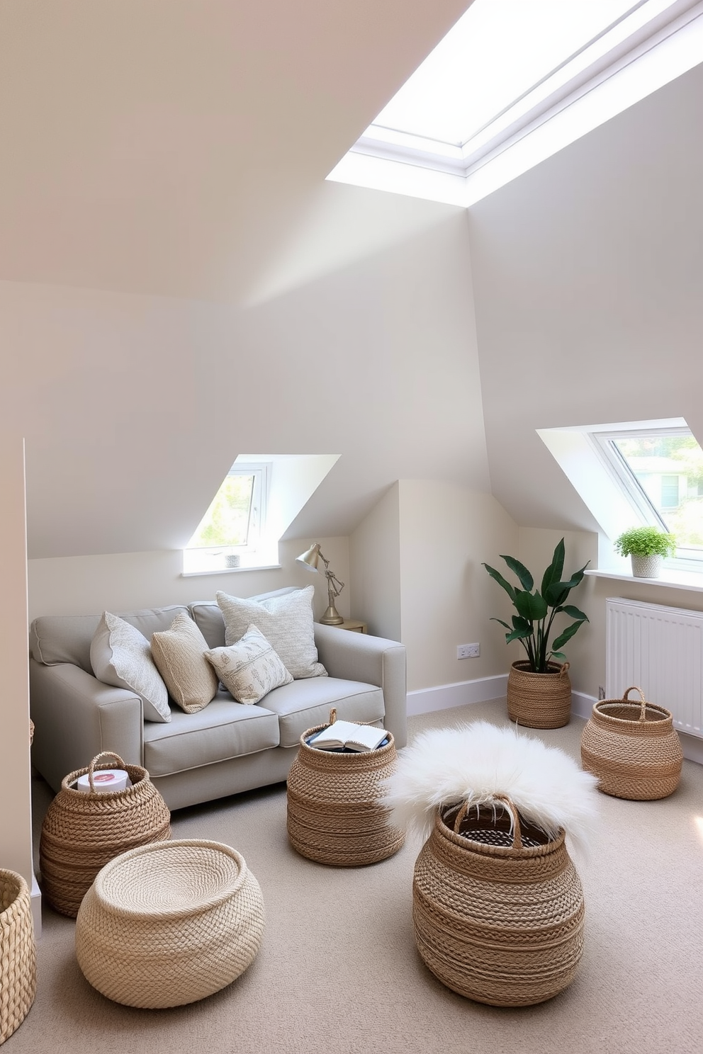 A serene attic space designed with a neutral color palette. Soft beige walls complement a light gray sofa adorned with fluffy white pillows, creating a calming atmosphere. Natural light floods the room through a large skylight, illuminating a cozy reading nook with a plush armchair and a small side table. Decor elements include woven baskets for storage and a few potted plants for a touch of greenery.