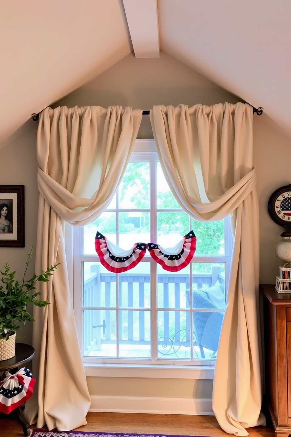 Draped curtains for a cozy feel. Soft fabric cascades elegantly from the top of the window, creating a warm and inviting atmosphere. Memorial Day Attic Decorating Ideas. The attic is adorned with patriotic decor, featuring red, white, and blue accents that celebrate the holiday spirit.