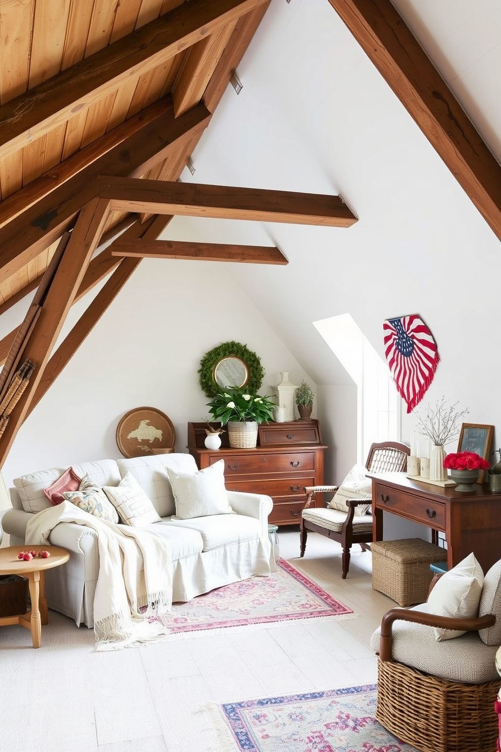 A cozy attic space with rustic wooden beams exposed against crisp white walls. The area is adorned with vintage decor, featuring a mix of soft textiles and natural elements to celebrate Memorial Day.