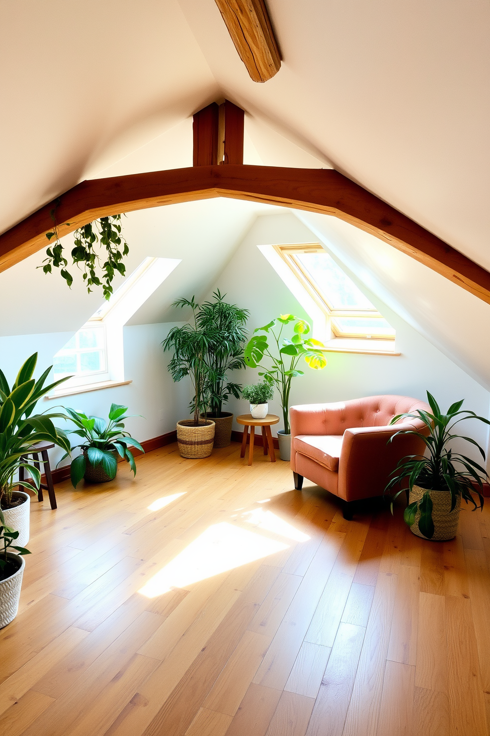 A cozy attic space filled with natural light. The walls are painted a soft white, and the floor features rustic wooden beams that add charm. Indoor plants are strategically placed in the corners, bringing freshness and vibrant color to the room. A comfortable reading nook with a plush chair and a small side table enhances the inviting atmosphere.