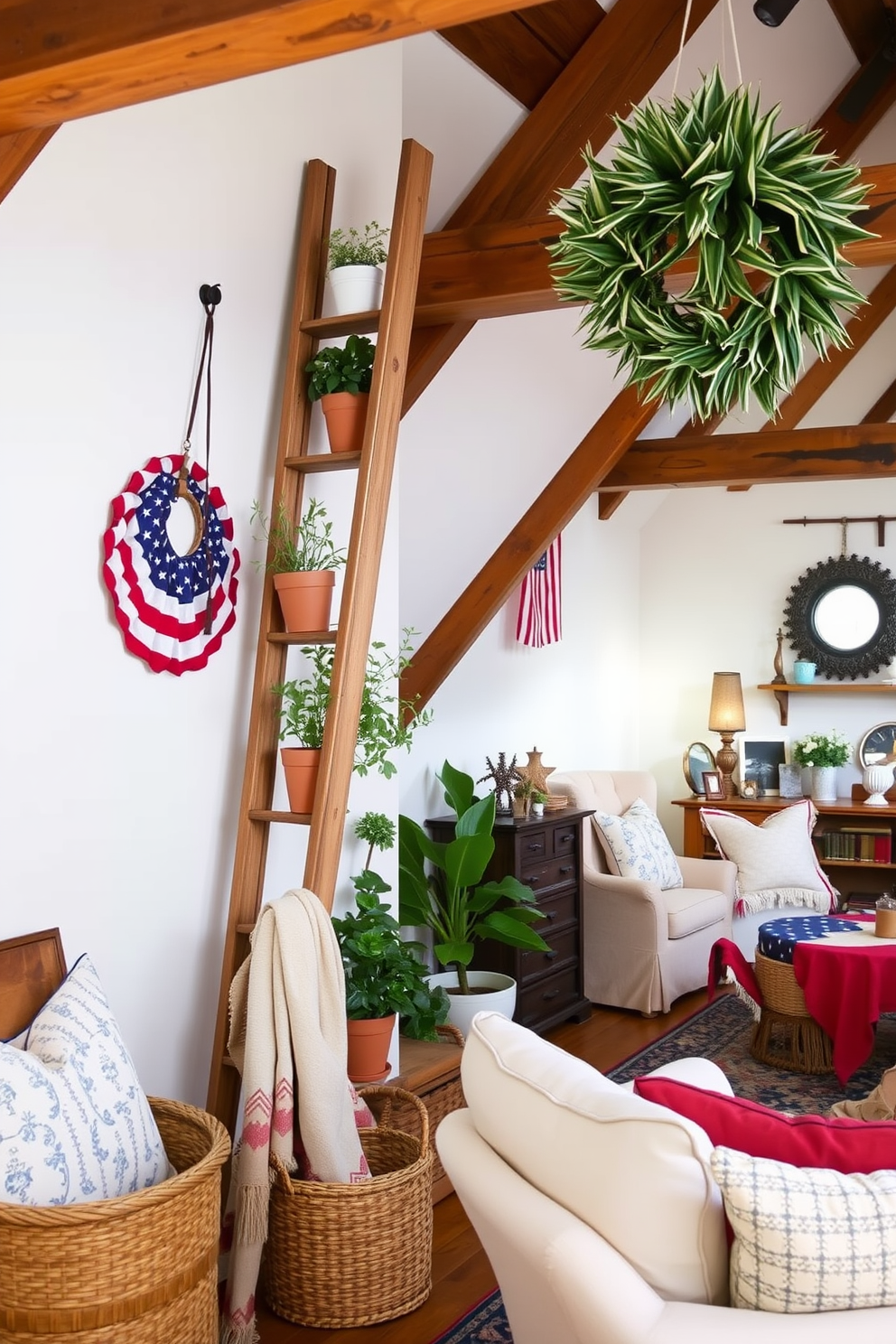 A vintage wooden ladder leans against the wall, serving as a charming decorative accent. It is adorned with potted plants and cozy blankets, creating a warm and inviting atmosphere. The attic is transformed into a cozy retreat with rustic furnishings and soft lighting. Vintage decorations and seasonal accents enhance the space, making it perfect for Memorial Day gatherings.