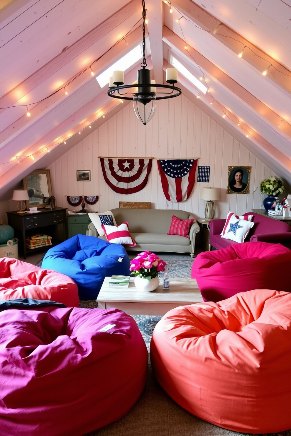 Comfortable bean bags for informal seating. The room features vibrant, oversized bean bags in various colors scattered around a cozy, low coffee table, creating an inviting atmosphere for relaxation and casual gatherings. Memorial Day attic decorating ideas. The attic is adorned with patriotic decor, including red, white, and blue throw pillows on vintage furniture, and string lights that add a festive touch to the space while maintaining a nostalgic charm.