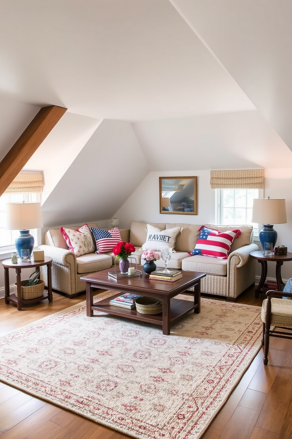 A cozy attic space designed for relaxation. A soft area rug in neutral tones anchors the seating area, inviting comfort and warmth. Decorative elements celebrate Memorial Day with red white and blue accents. Vintage-inspired decor pieces and patriotic throw pillows adorn the seating, creating a festive atmosphere.