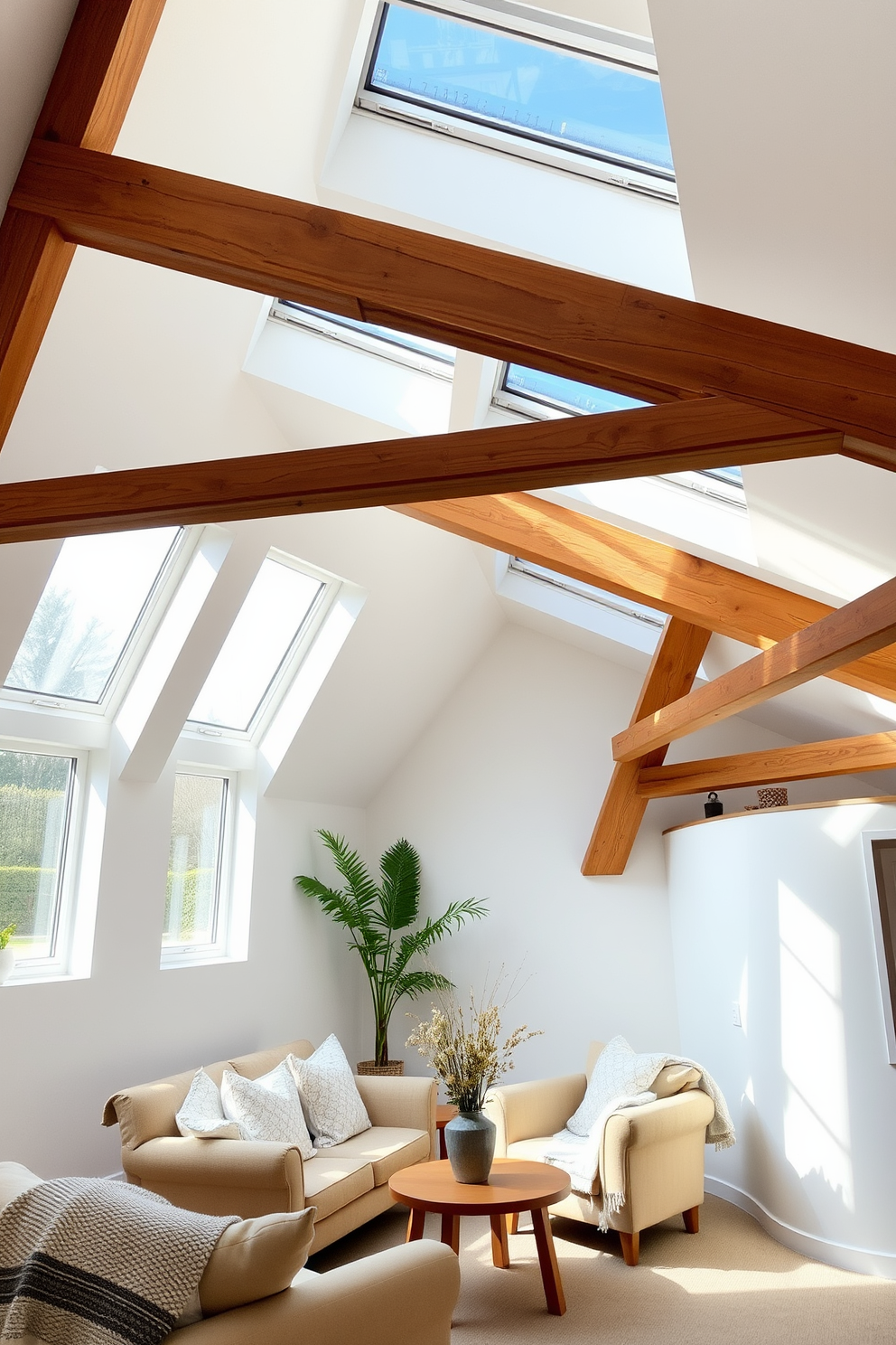 A bright and airy attic space filled with natural light streaming in through large skylights. The walls are painted a soft white, and the wooden beams are exposed, adding character and warmth to the room. Cozy seating is arranged around a small coffee table, with plush cushions and a throw blanket for comfort. Decorative plants are placed near the windows, bringing a touch of greenery to the inviting atmosphere.