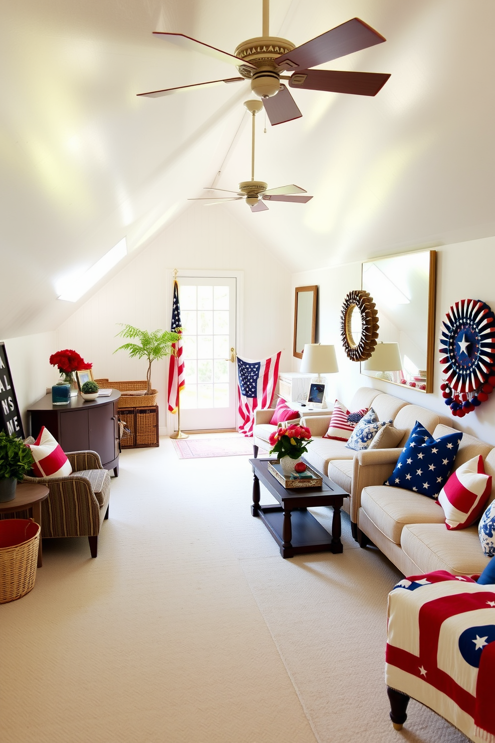 A bright attic space designed for relaxation and creativity. Large mirrors adorn the walls, reflecting natural light and creating an illusion of spaciousness. The decor embraces a patriotic theme with red, white, and blue accents. Cozy seating arrangements invite gatherings while showcasing Memorial Day decorations.