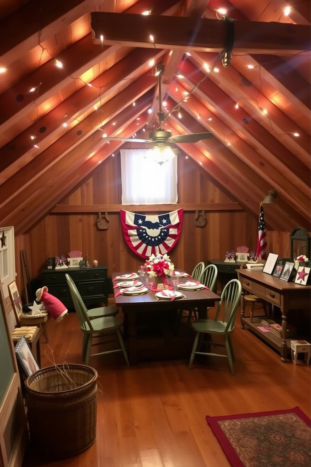 A cozy attic space designed for Memorial Day celebrations. The room features warm lighting fixtures that create an inviting atmosphere, with string lights draped across the ceiling beams. A rustic wooden table is set up for gatherings, adorned with red, white, and blue decorations. Vintage chairs surround the table, and a small display of patriotic-themed decor is placed on a nearby shelf.