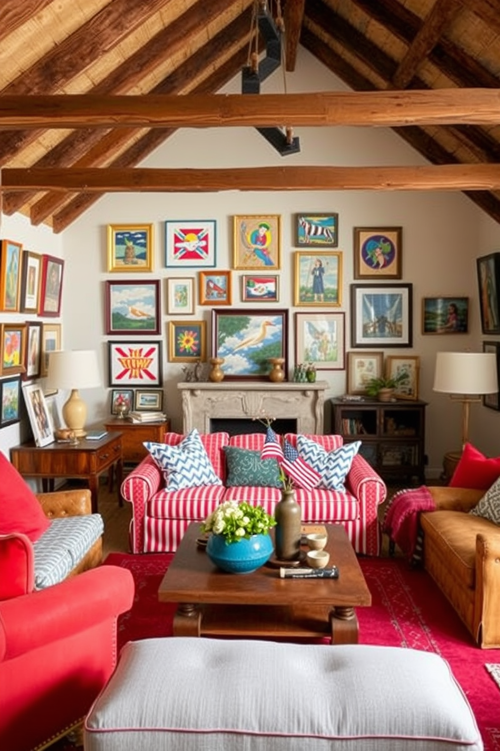 A vibrant living room filled with colorful artwork that brightens the space. The walls are adorned with various framed paintings in bold hues, creating an energetic and inviting atmosphere. In the attic, cozy nooks are created with comfortable seating and soft textiles. The decor features rustic elements combined with bright accents to celebrate Memorial Day.