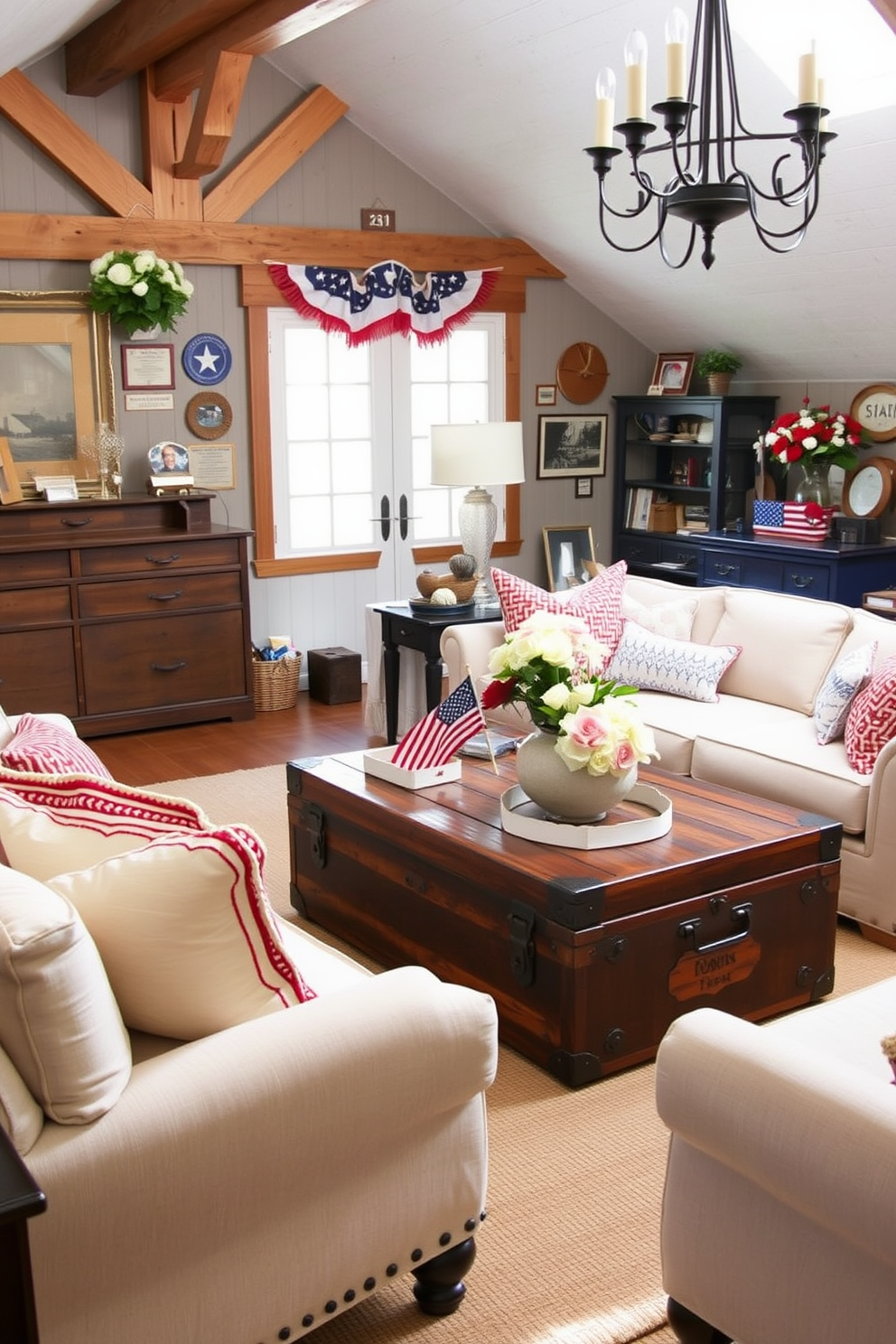 A vintage trunk serves as a unique coffee table, adding character and charm to the living space. Surrounding the trunk are plush seating options in soft, neutral tones, creating a cozy atmosphere for gatherings. For Memorial Day, the attic is transformed with patriotic decorations, featuring red, white, and blue accents throughout the space. Vintage memorabilia and seasonal flowers are arranged to evoke a sense of nostalgia and celebration.