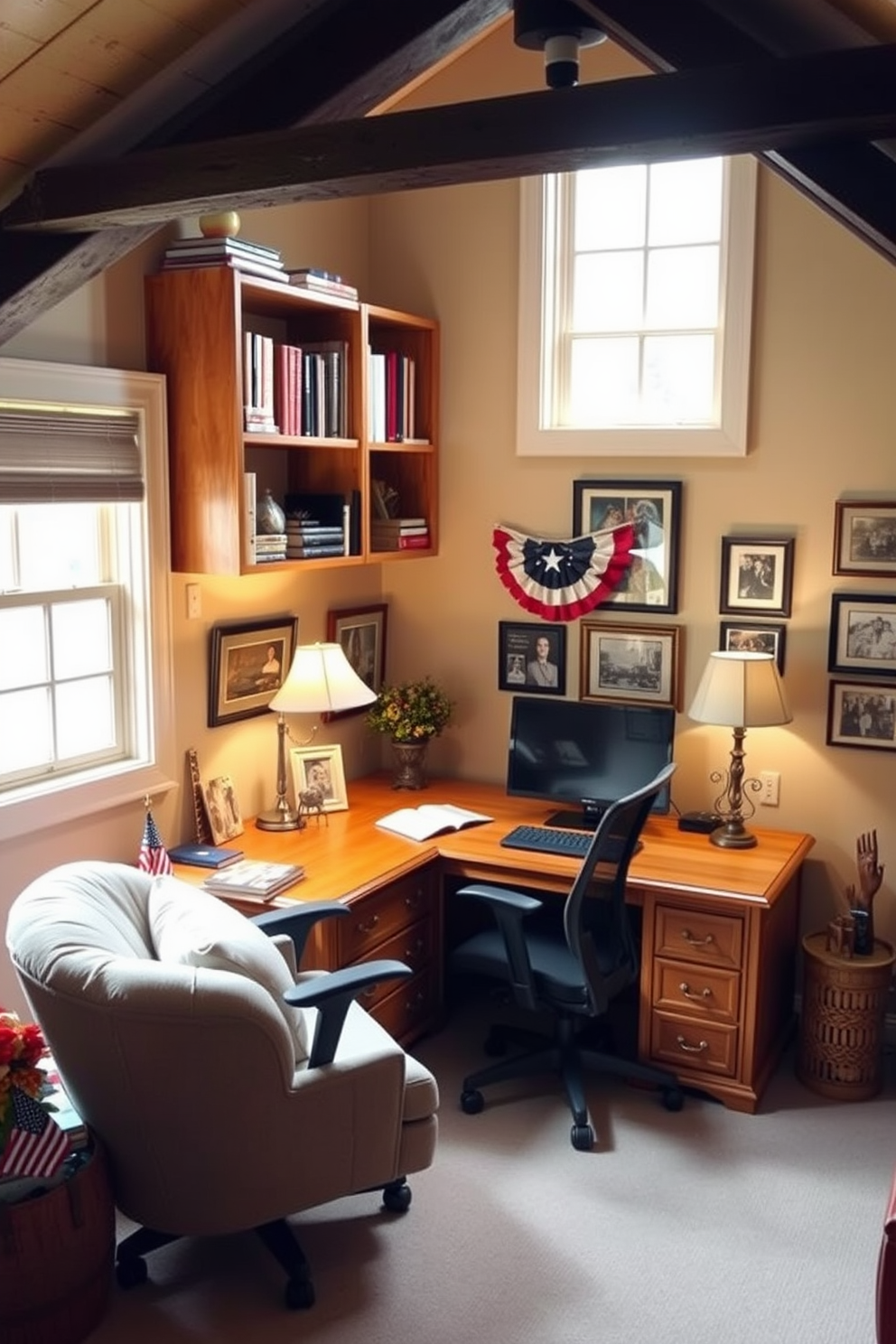 A functional workspace with good organization features a large wooden desk positioned under a window that allows natural light to flood the area. Shelves above the desk are neatly arranged with books and decorative items, while a comfortable ergonomic chair complements the setup. Memorial Day attic decorating ideas include a cozy reading nook with a plush armchair and a small side table adorned with patriotic decorations. Soft lighting from a vintage lamp creates an inviting atmosphere, while the walls are adorned with framed photos and memorabilia celebrating the holiday.