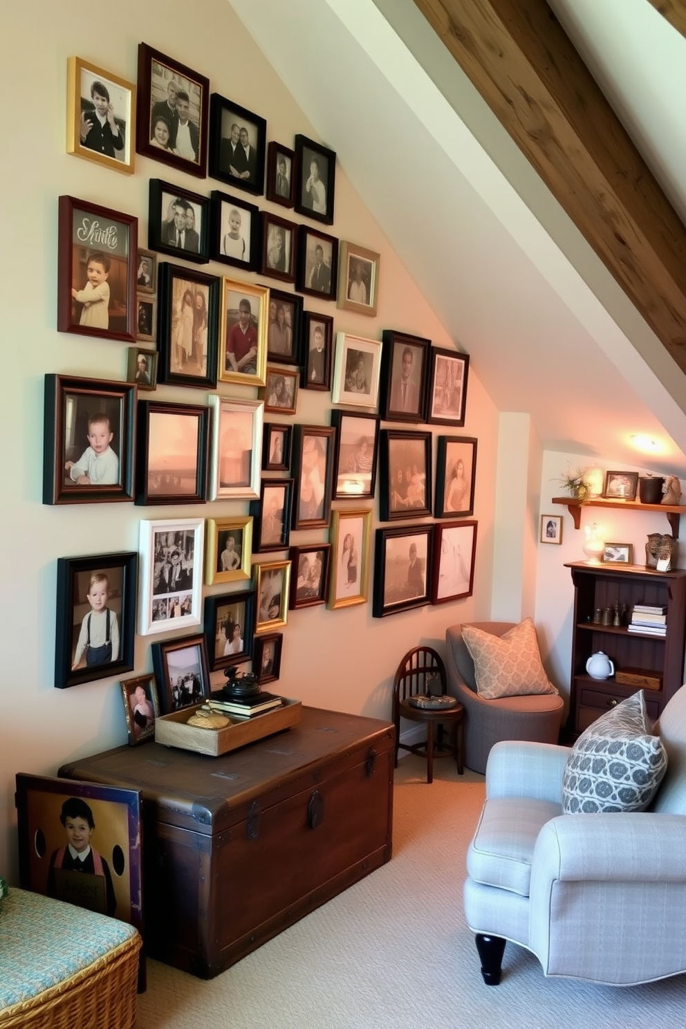 A gallery wall featuring an eclectic mix of family photos in various frames creates a warm and inviting atmosphere. The images capture cherished memories and are arranged in a visually pleasing layout that draws the eye. In the attic, cozy seating is paired with soft lighting to create a relaxing retreat. Vintage decor elements, such as an old trunk and rustic shelves, enhance the charming ambiance while providing storage and display options.