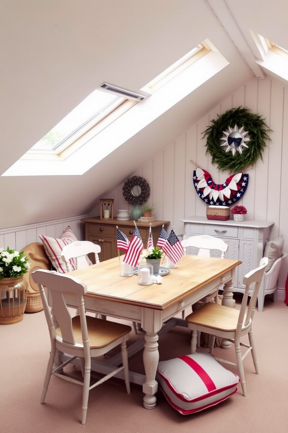 A cozy attic space decorated for Memorial Day. Soft pastel colors adorn the walls and furnishings, creating a calming vibe throughout the room. A vintage wooden table is set up with patriotic-themed decor, including small flags and red, white, and blue cushions. Natural light filters in through the skylights, enhancing the serene atmosphere.