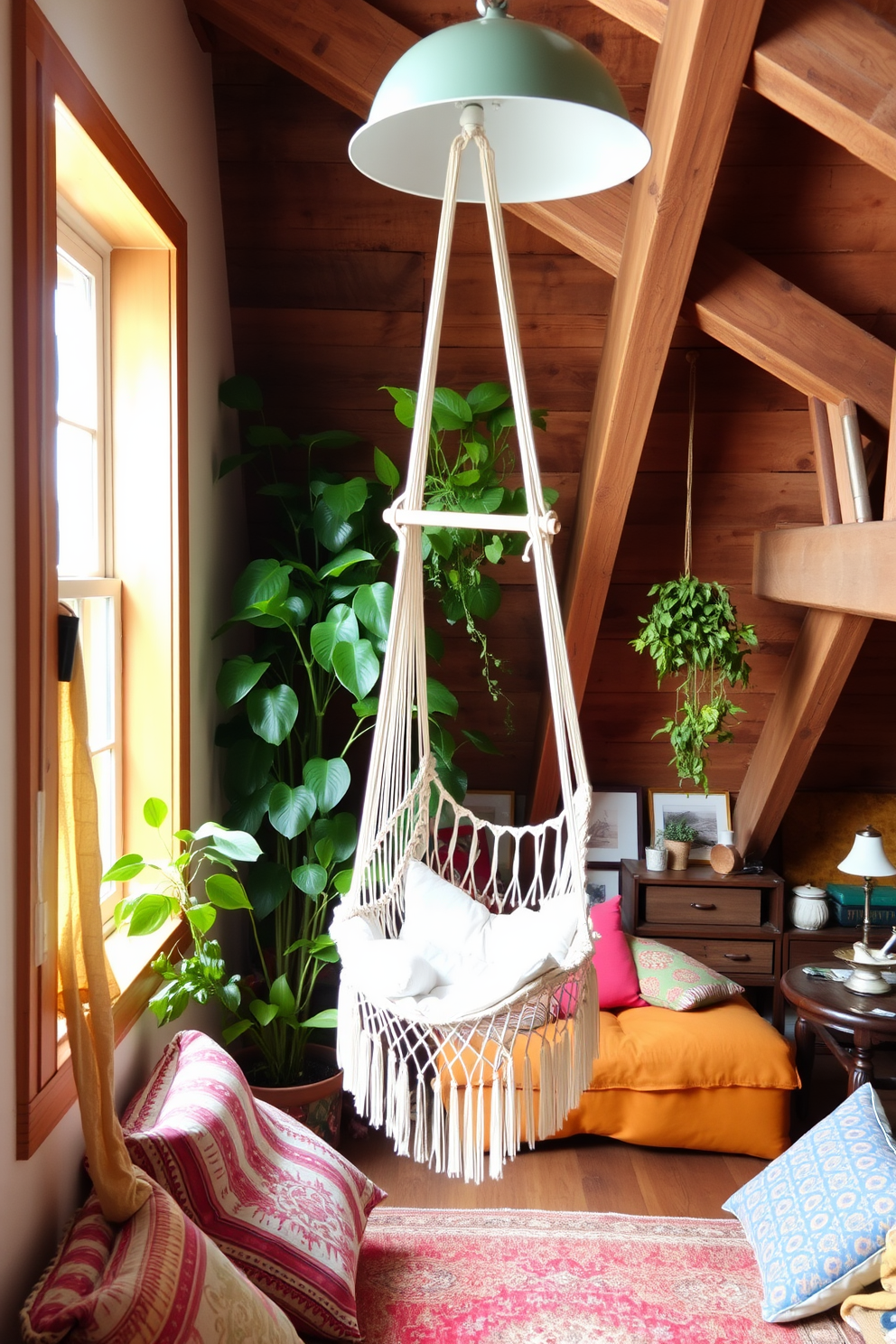 A cozy corner features a hammock chair suspended from the ceiling, surrounded by lush indoor plants. Soft natural light filters in through a nearby window, creating a serene atmosphere perfect for relaxation. The attic is transformed into a charming retreat with rustic wooden beams and cozy seating arrangements. Brightly colored cushions and throws add a playful touch, while vintage decor pieces enhance the inviting ambiance.