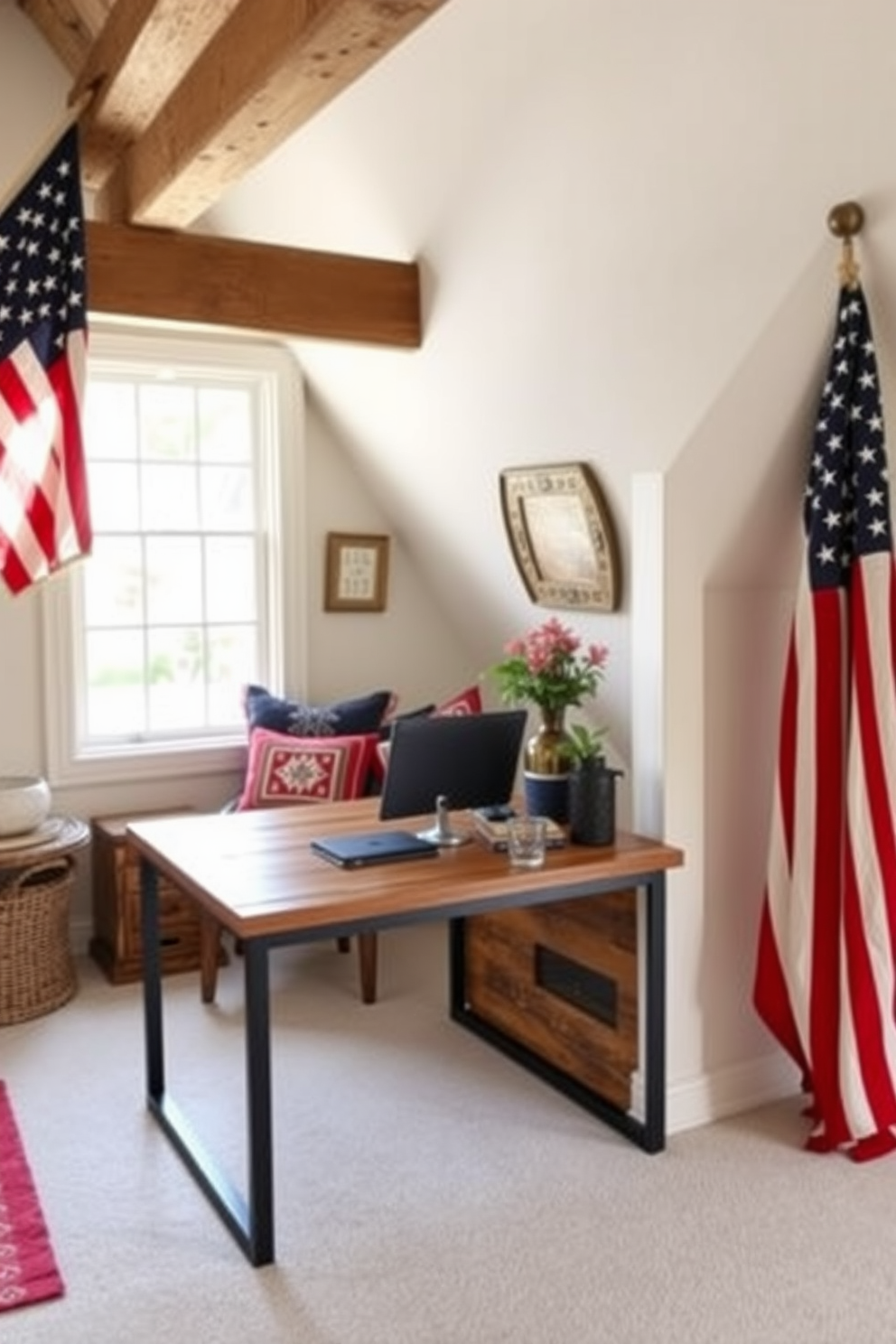 Chic desk space with natural light. The desk is made of reclaimed wood with a sleek finish, positioned near a large window that floods the area with sunlight. Memorial Day Attic Decorating Ideas. The attic features exposed beams and is adorned with patriotic decor, including a vintage American flag and red, white, and blue throw pillows.