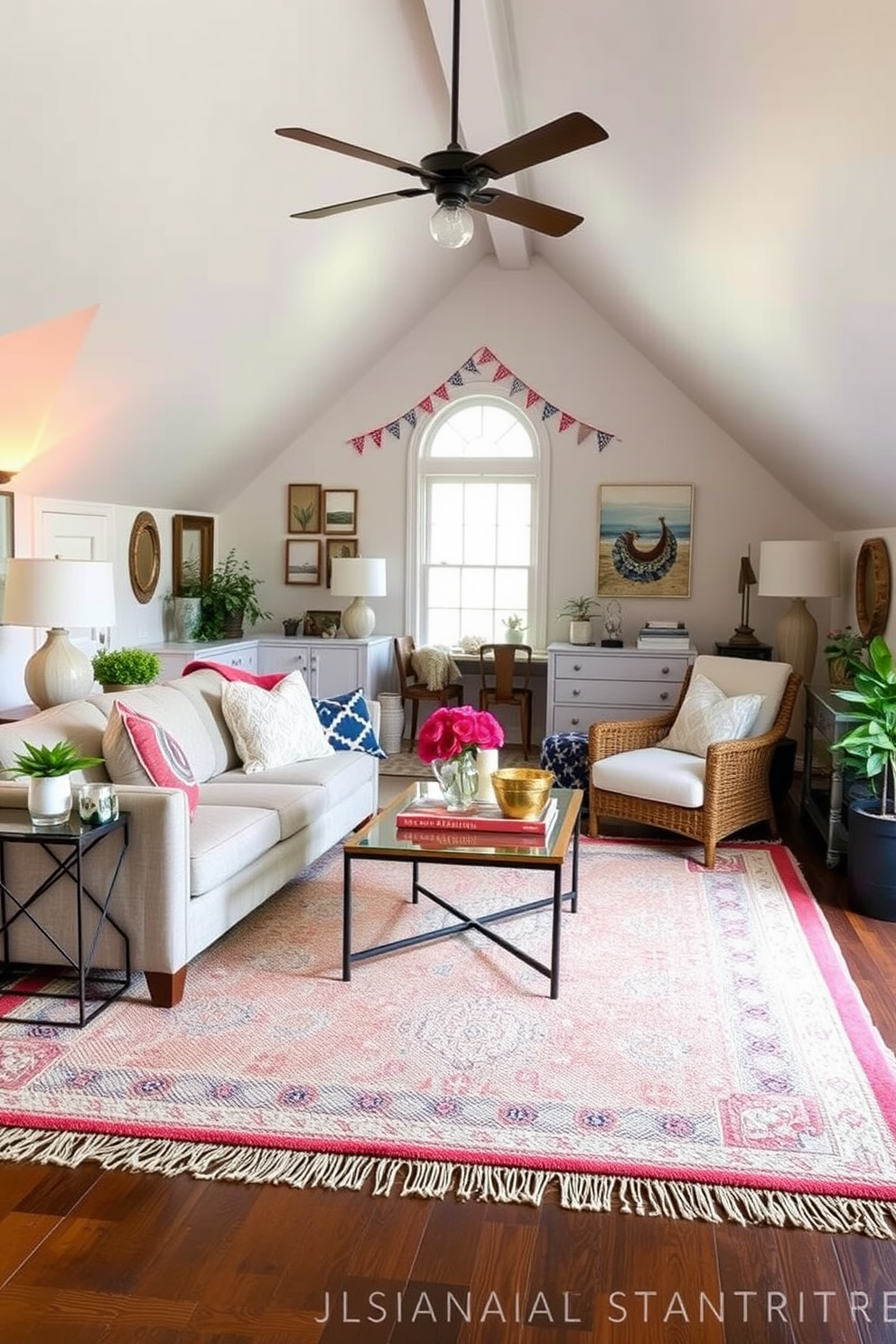 A cozy living room featuring layered rugs that add warmth and texture to the space. The base rug is a large neutral tone while the top rug showcases a vibrant geometric pattern. A charming attic transformed into a stylish retreat for Memorial Day celebrations. The space is adorned with festive decorations, comfortable seating, and soft lighting to create an inviting atmosphere.