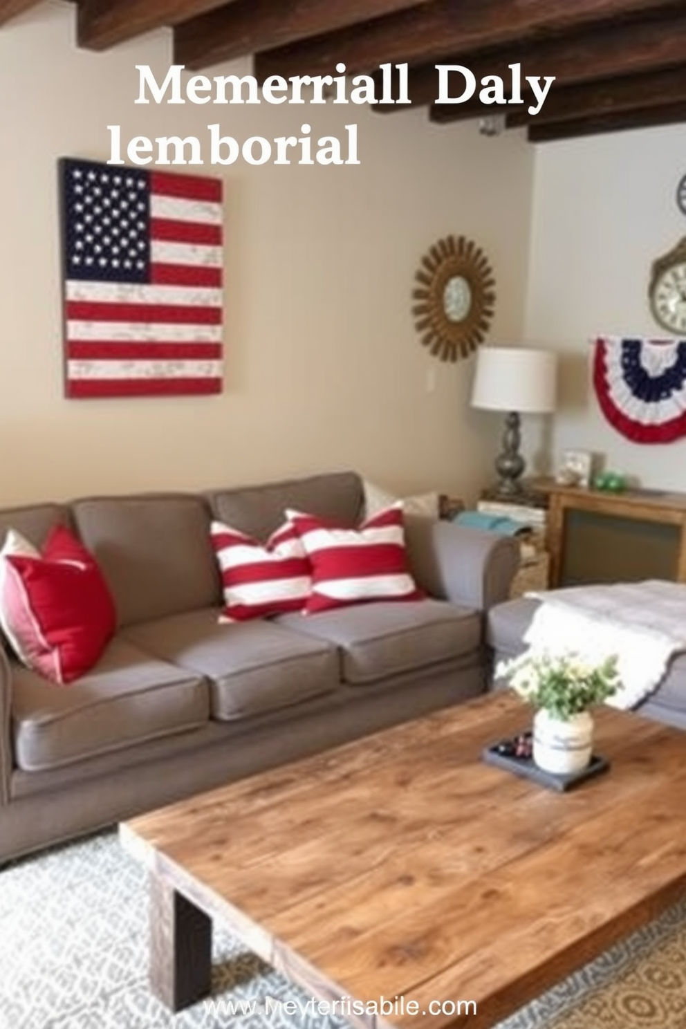 Create a cozy basement space decorated for Memorial Day. The room features a comfortable sofa adorned with red white and blue throw pillows, creating a festive atmosphere. Incorporate a rustic coffee table made of reclaimed wood for a touch of charm. Add patriotic-themed wall art and a few decorative items that celebrate the spirit of the holiday.