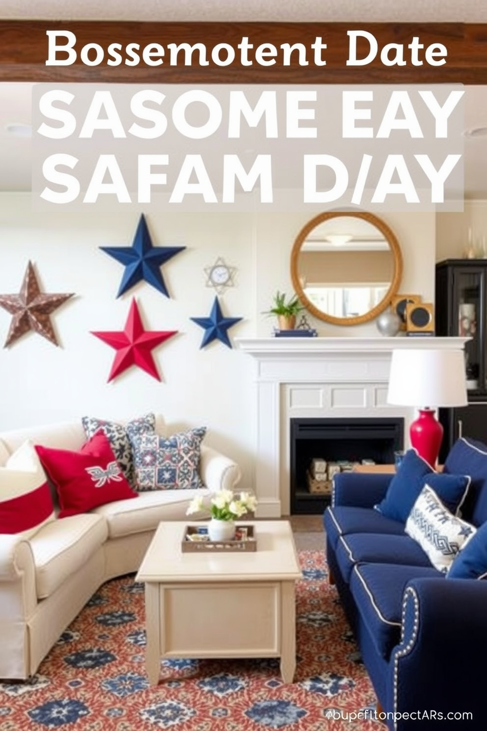 Create a cozy basement space that celebrates Memorial Day with star shaped decorative accents. Incorporate red white and blue color schemes in the furniture and decor to enhance the patriotic theme.