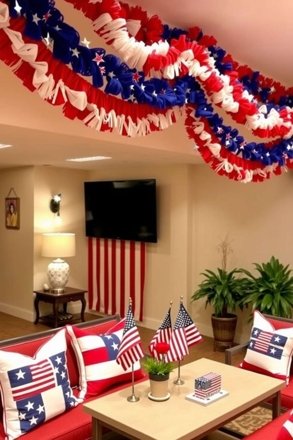 A patriotic garland in vibrant red white and blue colors is elegantly draped across the walls creating a festive atmosphere for Memorial Day. The basement features cozy seating arrangements with themed cushions and a table adorned with small American flags and seasonal decorations.