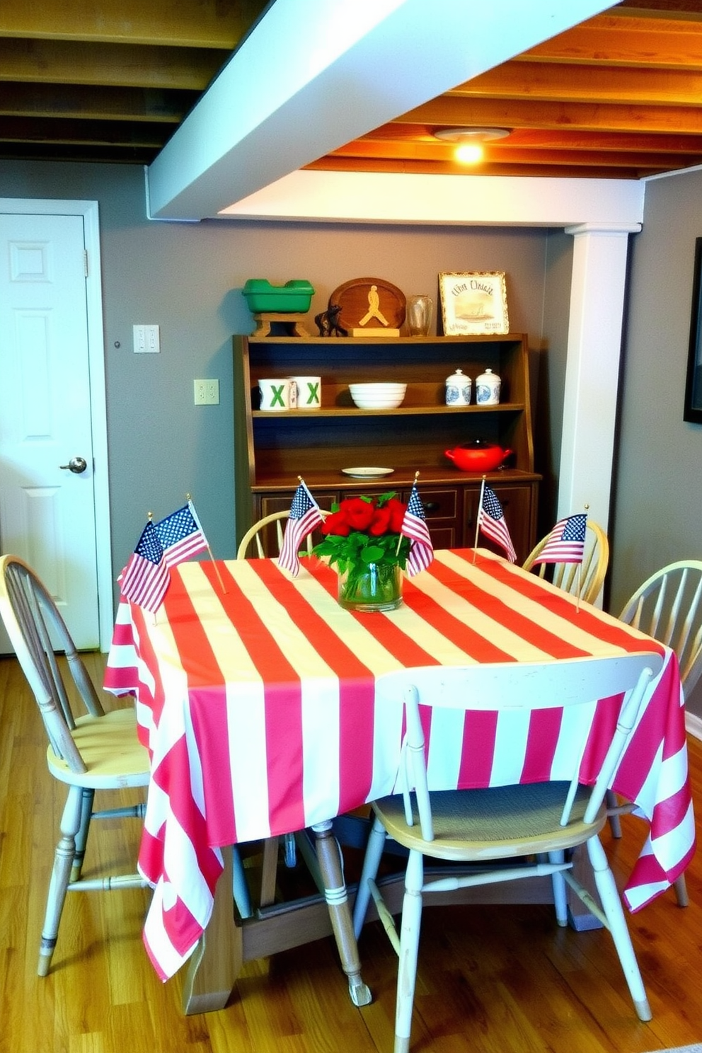 A cozy basement space decorated for Memorial Day features a red and white striped tablecloth draped over a rustic wooden table. Surrounding the table are mismatched chairs, each adorned with small American flags for a festive touch.