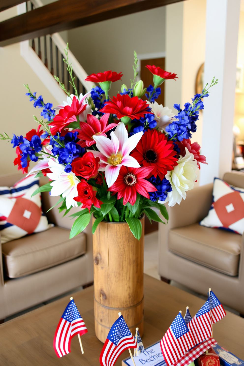 Fresh flowers in vibrant red white and blue colors are arranged in a rustic wooden vase. The basement features cozy seating with patriotic throw pillows and a festive table display adorned with small flags.