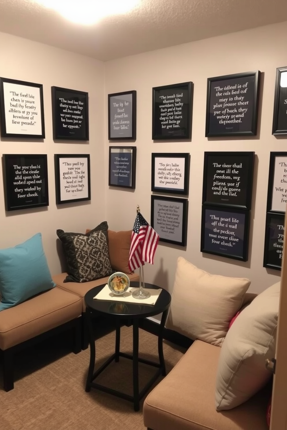 A cozy basement space designed for reflection and remembrance. The walls are adorned with framed quotes about freedom, each elegantly displayed in simple black frames, creating a serene atmosphere. Soft lighting illuminates the area, highlighting a comfortable seating arrangement with plush cushions. A small table holds a decorative centerpiece featuring symbols of freedom, inviting quiet contemplation and conversation.