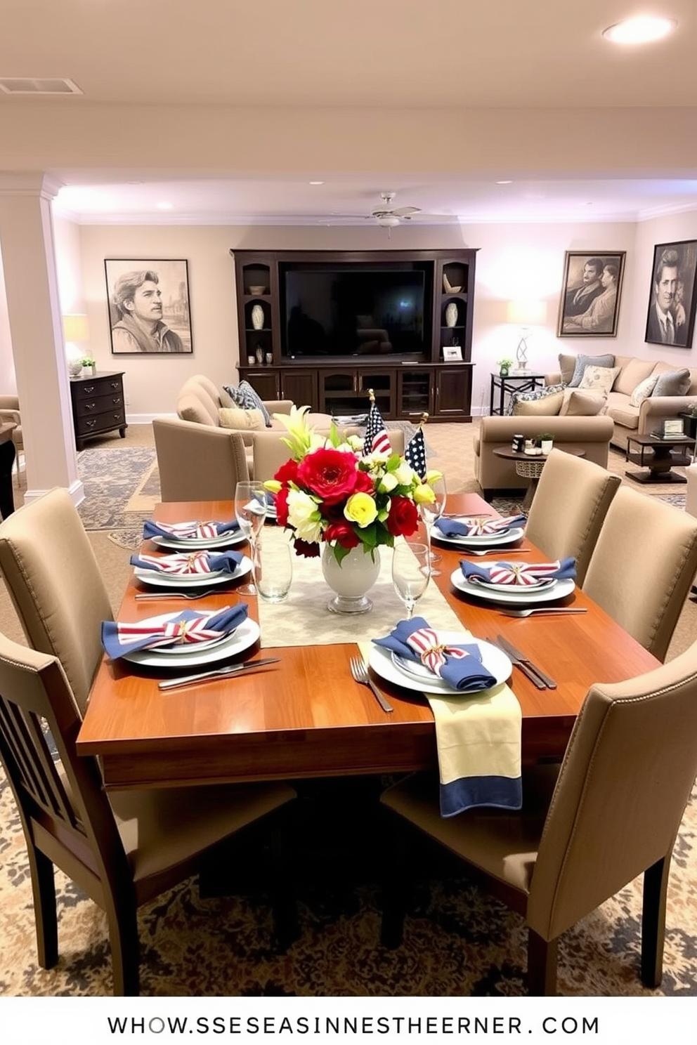 A beautifully arranged table setting for a Memorial Day gathering. The table features themed dinnerware in red, white, and blue, complemented by elegant glassware and festive napkins. The centerpiece includes a vibrant floral arrangement with seasonal blooms. Surrounding the table are comfortable chairs, creating an inviting atmosphere for guests. A cozy basement designed for relaxation and entertainment. The space includes plush seating, a large entertainment unit, and warm lighting to create an inviting ambiance. Decorative elements such as wall art and soft rugs add personality to the basement. The color scheme is a blend of earthy tones and pops of color for a modern yet comfortable feel.