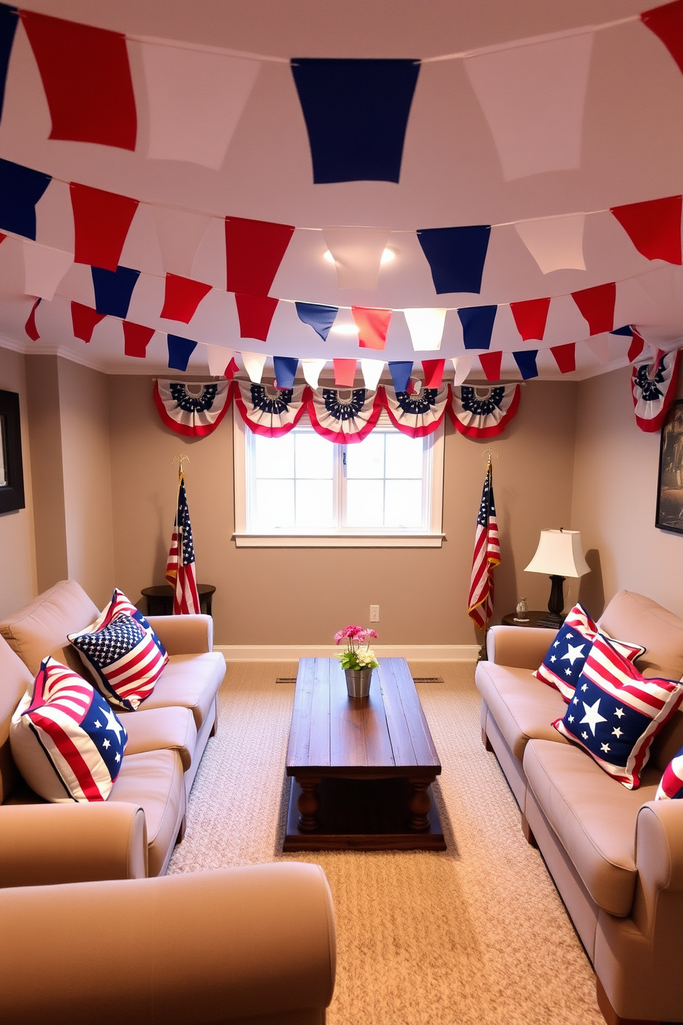 Create a cozy basement setting decorated for Memorial Day. Bunting flags in red white and blue hang gracefully along the ceiling creating a festive atmosphere. The walls are painted in a soft neutral tone to enhance the warm ambiance. A rustic wooden coffee table is centered in the room surrounded by comfortable seating adorned with patriotic throw pillows.