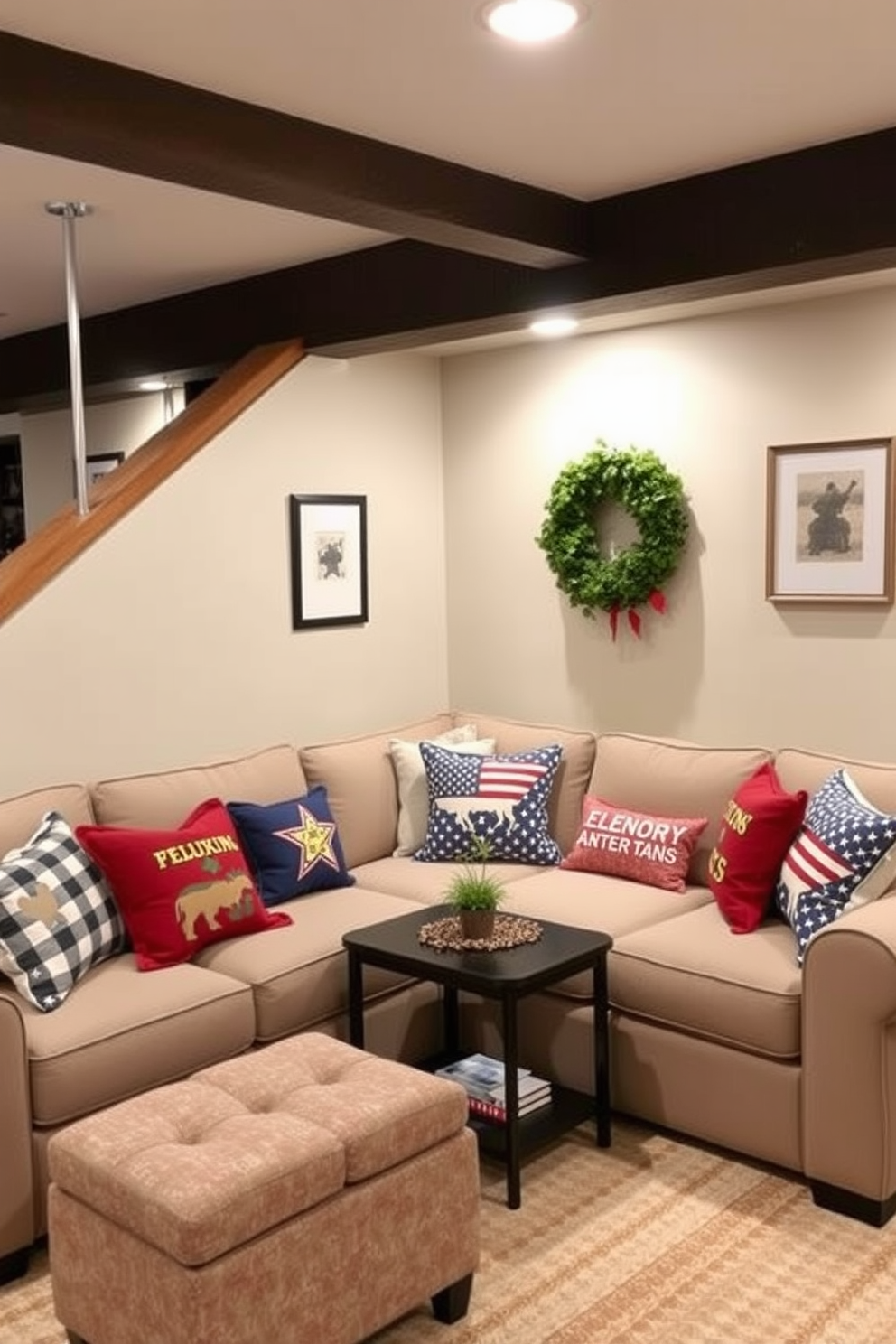 Create a cozy basement space decorated for Memorial Day. The room features a sectional sofa adorned with seasonal cushions that have military motifs, adding a patriotic touch to the decor.