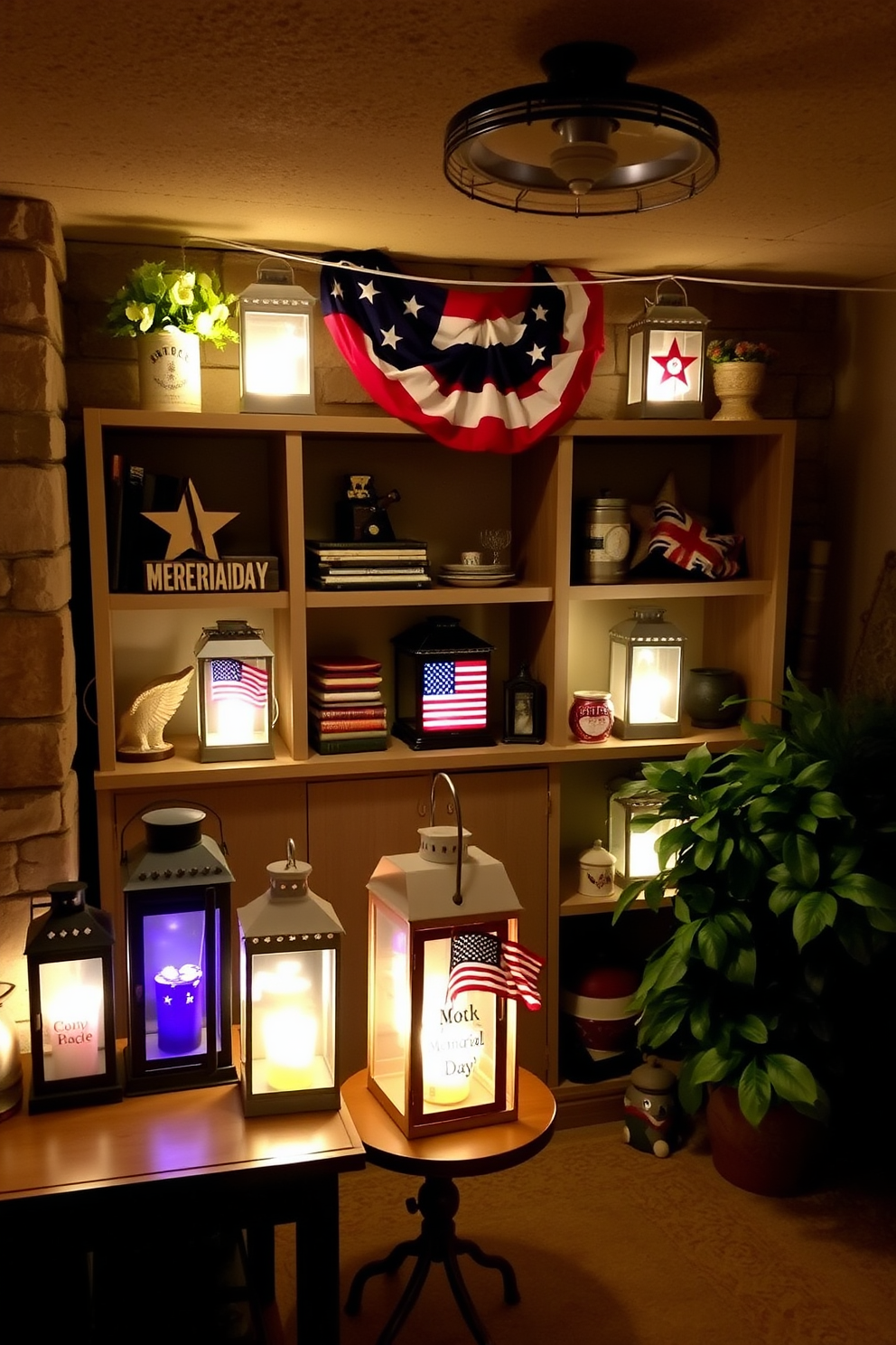 A cozy basement space adorned with decorative lanterns featuring patriotic themes for Memorial Day. The lanterns are strategically placed on shelves and tables, casting a warm glow that enhances the festive atmosphere.