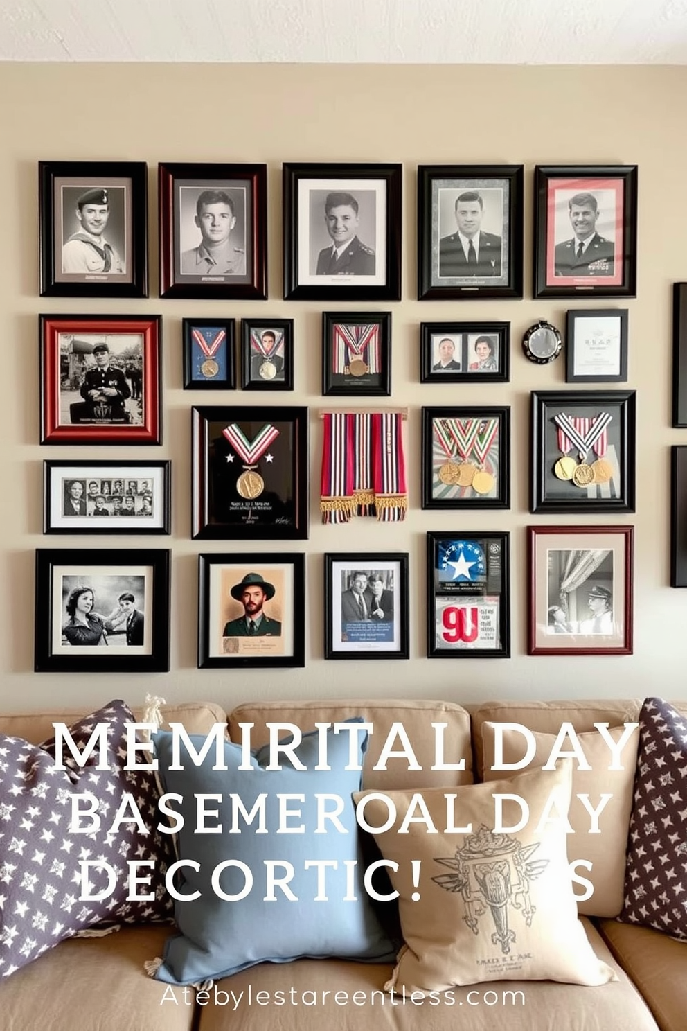 Photo collage of military heroes showcasing their bravery and dedication. The collage features a mix of framed photographs, medals, and personal mementos arranged artistically on a neutral-toned wall. Memorial Day basement decorating ideas that honor and celebrate the sacrifices of military personnel. Incorporate patriotic colors through cushions, throws, and wall art while maintaining a cozy and inviting atmosphere.