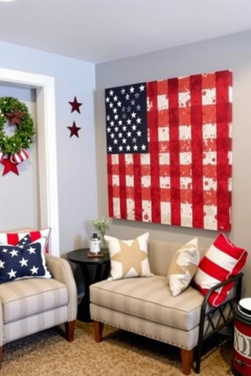 Create a cozy basement space that features patriotic wall art showcasing stars and stripes. The walls are painted in a soft gray, and the decor includes a large canvas depicting an American flag, complemented by red, white, and blue accents throughout the room.