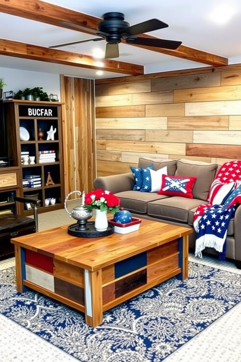 A cozy basement retreat featuring rustic wood accents that reflect the colors of the American flag. The space includes a reclaimed wood coffee table, adorned with red, white, and blue decor, and a comfortable sectional sofa draped with patriotic throw blankets.