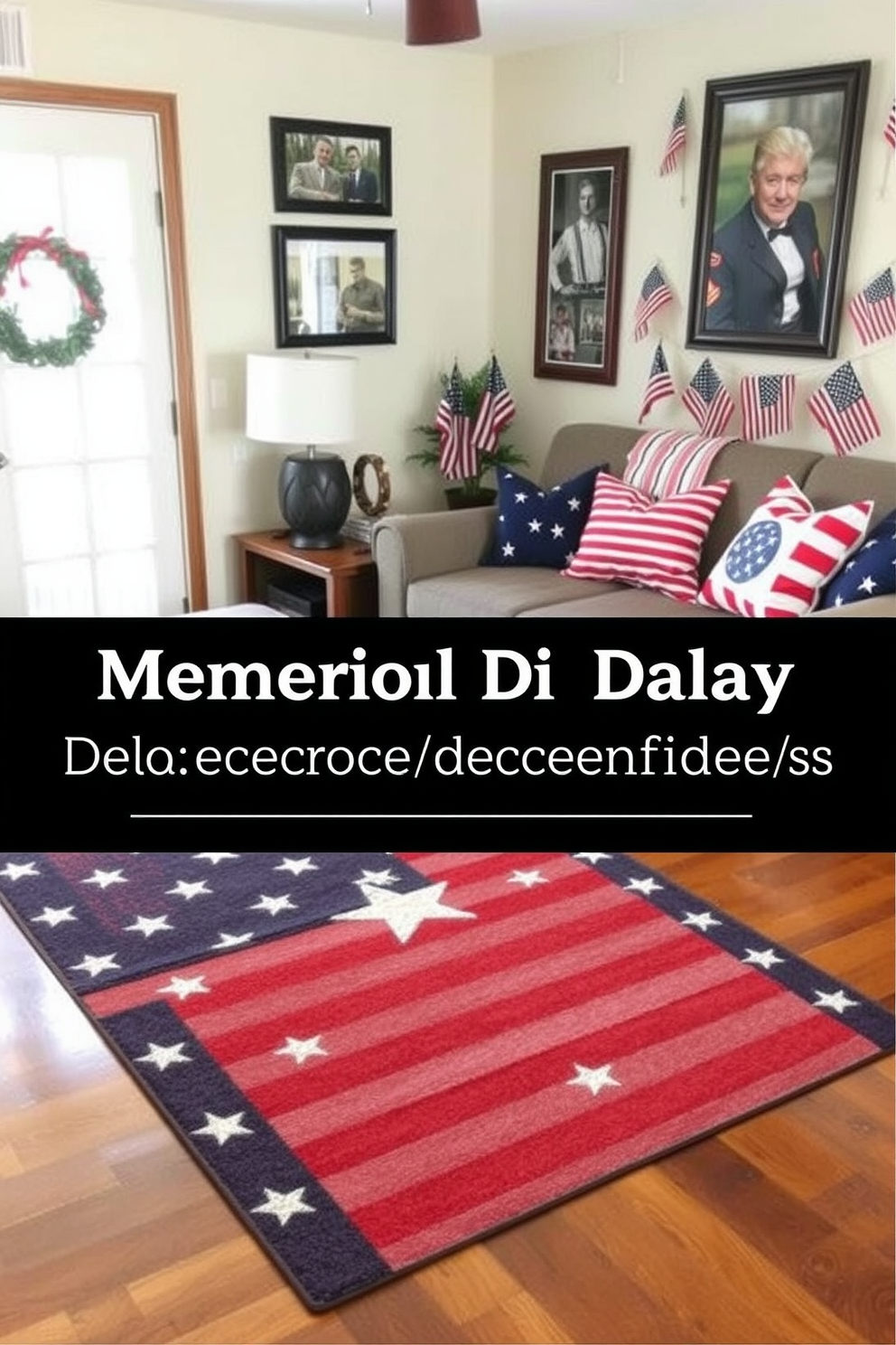 A patriotic themed area rug is prominently displayed on a hardwood floor, featuring red, white, and blue colors in a star and stripe pattern. The rug adds a festive touch to the space, complementing the surrounding decor with themed cushions and wall art that celebrate national pride. For Memorial Day basement decorating ideas, the space is adorned with tasteful decorations that honor the holiday. Incorporate elements such as framed photographs of veterans, small American flags, and a cozy seating arrangement that invites gatherings and remembrance.