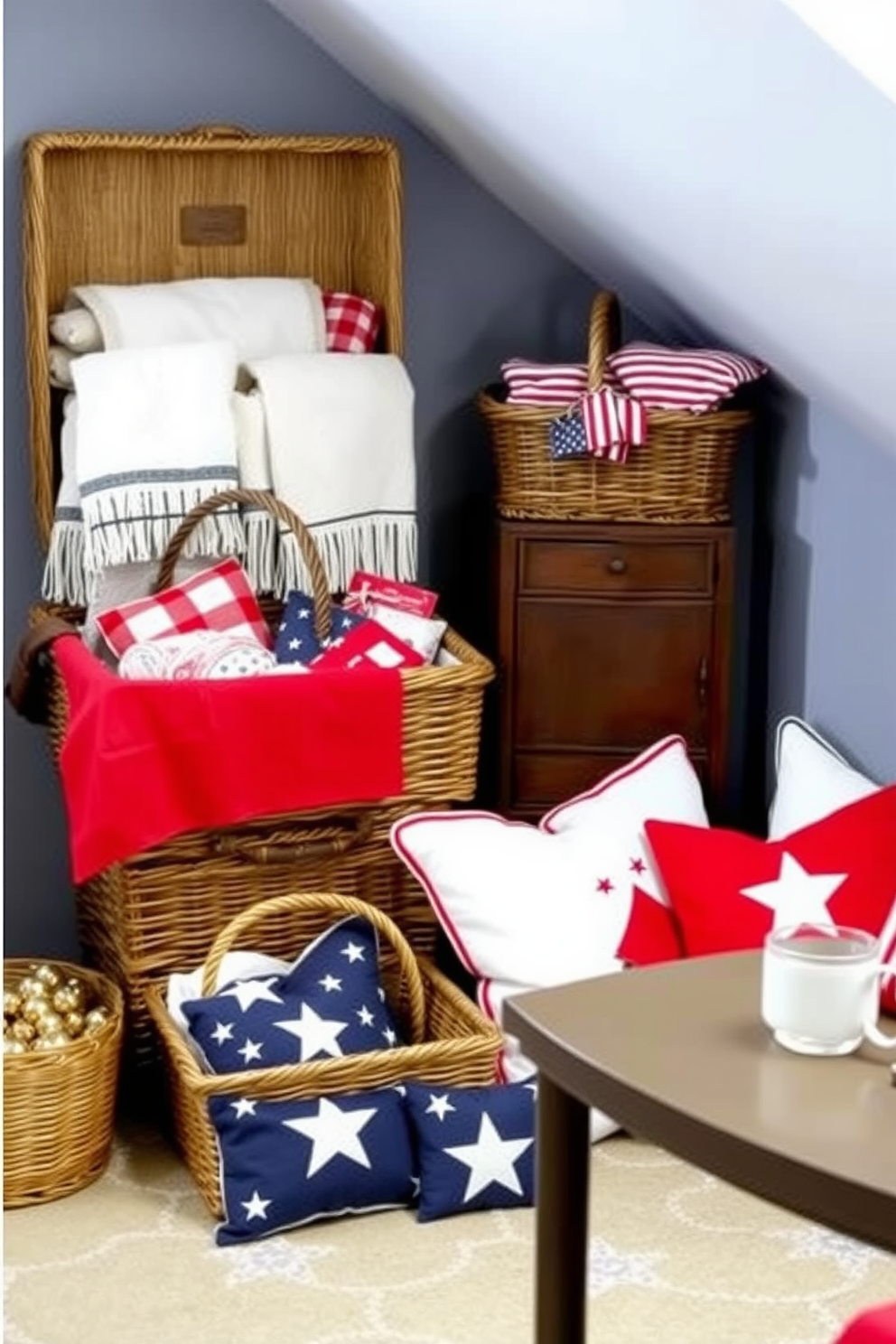 Vintage picnic baskets for storage create a charming and nostalgic touch in your basement decor. Arrange them in a cozy corner, filled with blankets and seasonal items to add both functionality and style. For your Memorial Day basement decorating ideas, incorporate red, white, and blue accents throughout the space. Use festive throw pillows and tableware to celebrate the holiday while maintaining a warm and inviting atmosphere.