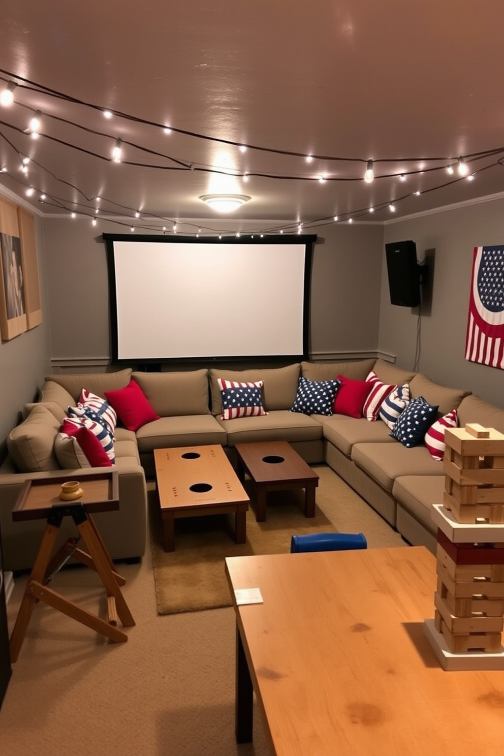 A cozy basement space designed for Memorial Day gatherings. The area features a large sectional sofa adorned with red white and blue throw pillows facing a projector screen for movie nights. In one corner a wooden table is set up with various outdoor games like cornhole and giant Jenga. String lights are draped across the ceiling adding a festive atmosphere to the space.