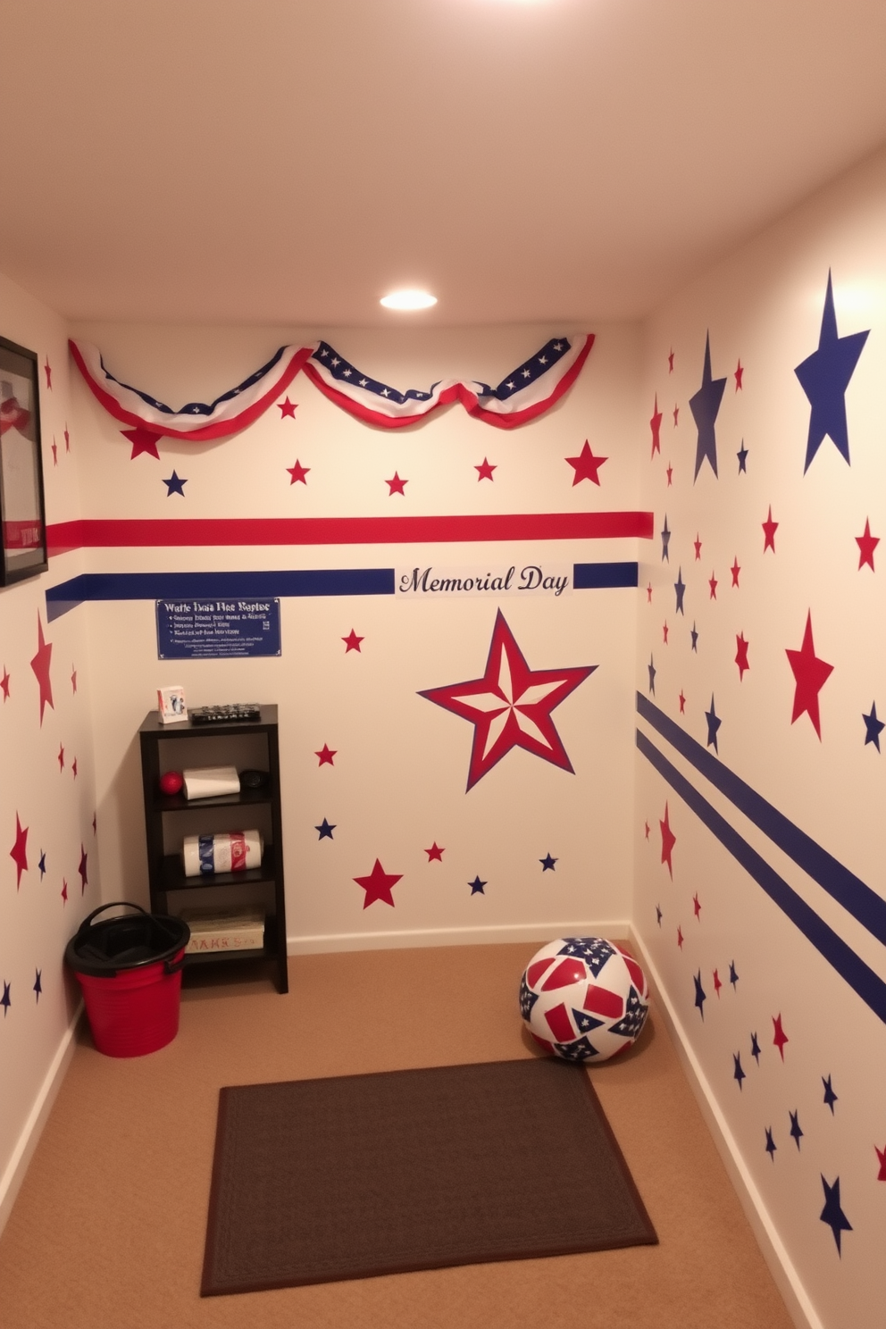 A cozy basement space featuring red white and blue themed wall decals that celebrate Memorial Day. The walls are adorned with stars and stripes, creating a festive atmosphere perfect for gatherings and remembrance.