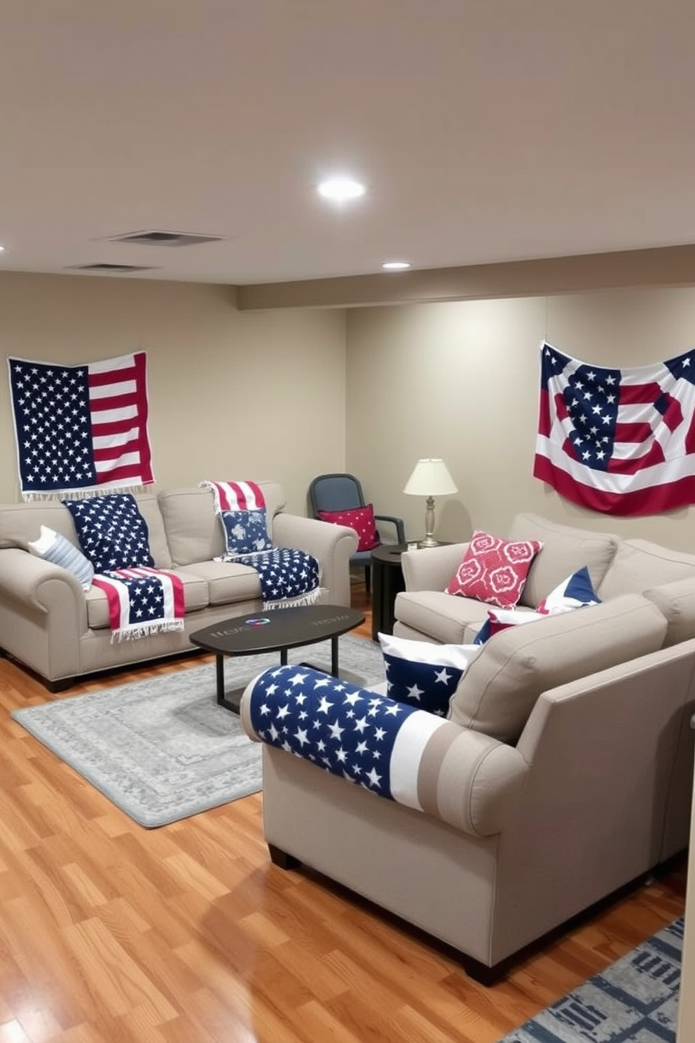 A cozy basement space featuring comfortable seating arrangements adorned with patriotic throws. The walls are painted in a soft beige, and the flooring is a warm wood, creating an inviting atmosphere for Memorial Day gatherings.