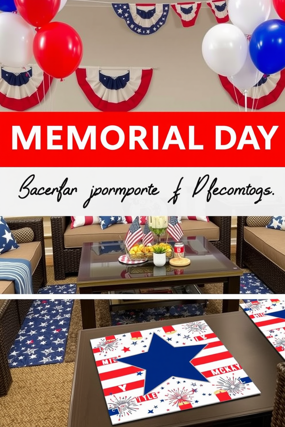 Memorial Day themed coasters and placemats. The coasters are designed with red white and blue colors featuring stars and stripes. The placemats complement the coasters with a patriotic pattern of flags and fireworks. They are made from durable materials suitable for outdoor and indoor dining. Memorial Day Basement Decorating Ideas. The basement is adorned with festive decorations such as banners and balloons in patriotic colors. Comfortable seating is arranged around a central coffee table decorated with themed centerpieces and snacks for guests.