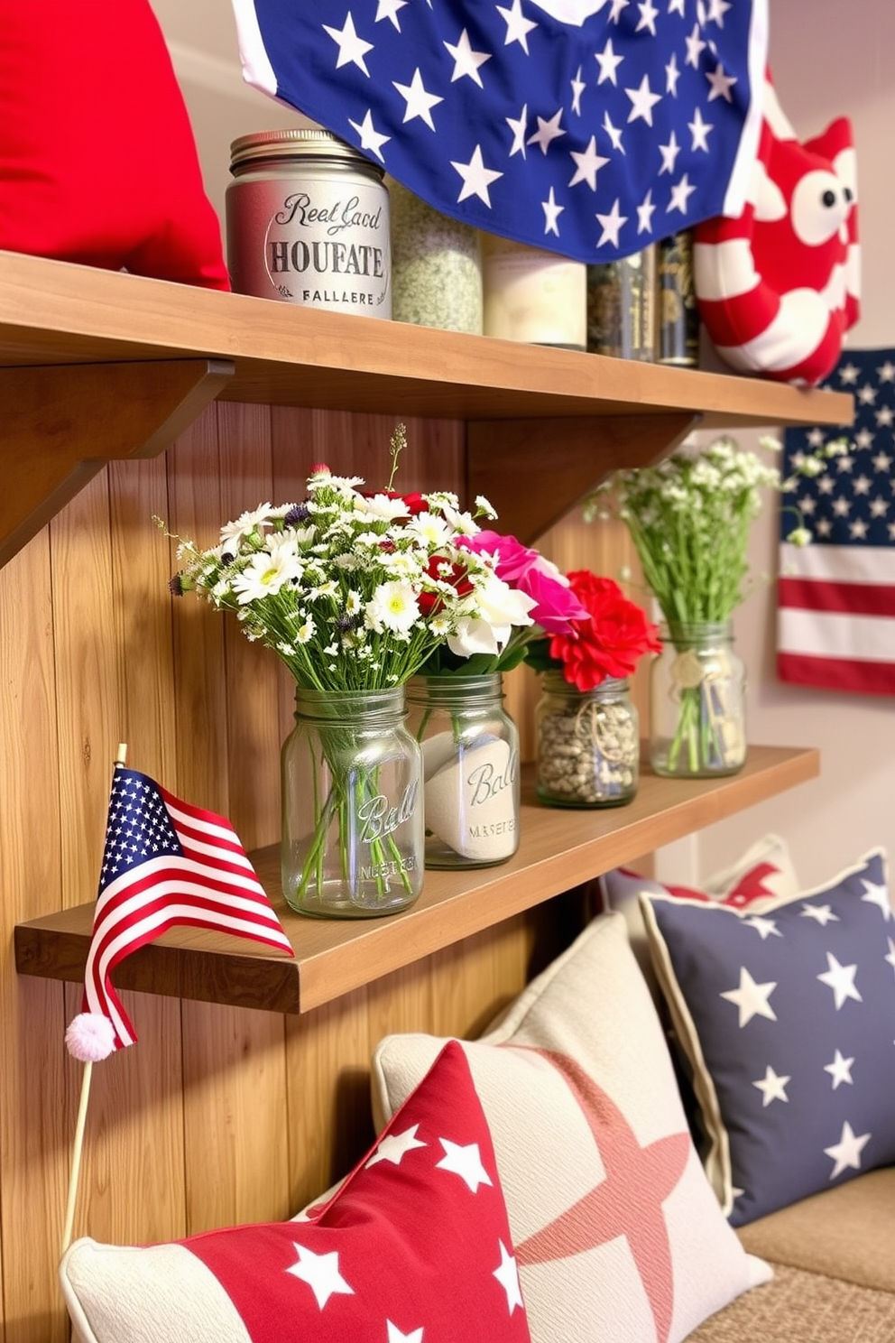 Creative use of mason jars for decor. Picture a charming display where mason jars are filled with fresh wildflowers and placed on rustic wooden shelves. Memorial Day Basement Decorating Ideas. Envision a cozy basement space adorned with red white and blue accents featuring vintage flags and patriotic throw pillows.