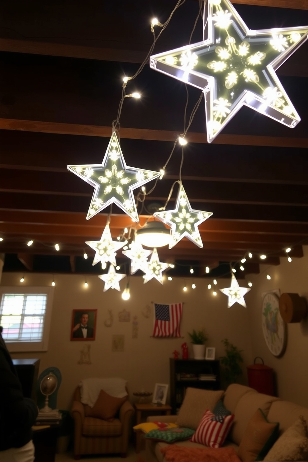 A cozy basement setting adorned with decorative string lights shaped like stars. The lights twinkle softly above a comfortable seating area, creating a warm and inviting atmosphere for Memorial Day celebrations.