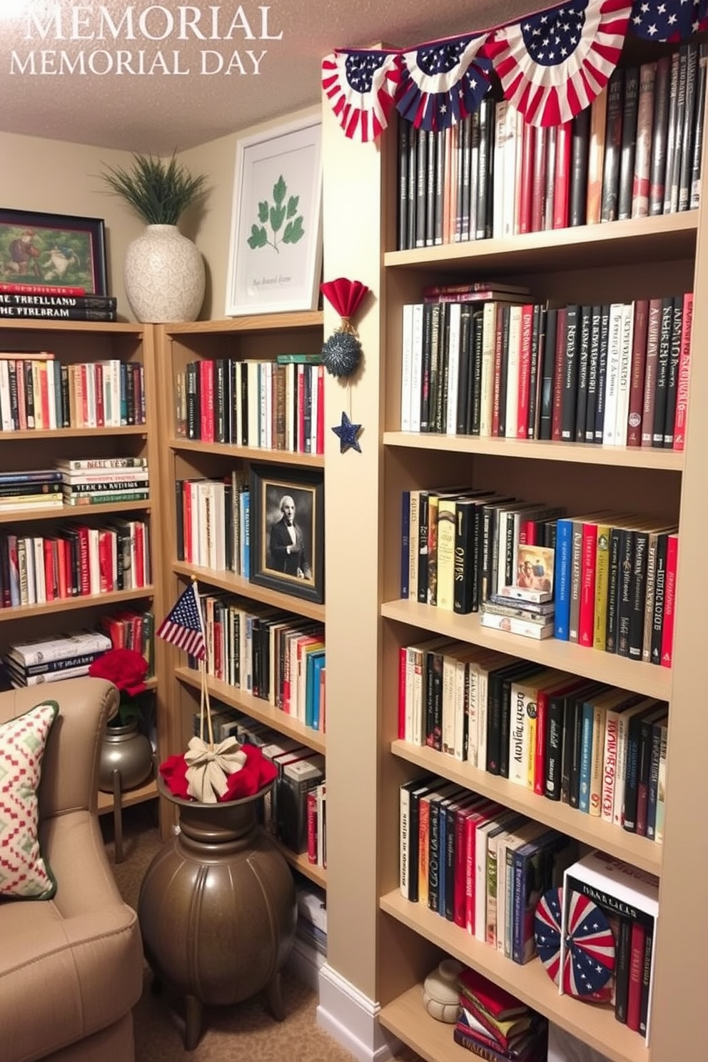 A cozy basement space featuring shelves lined with seasonal books. The decor includes patriotic elements for Memorial Day, with red white and blue accents throughout the room.