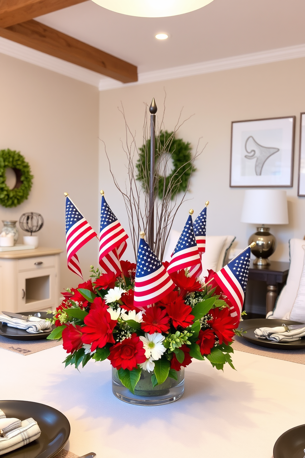 Create a festive table centerpiece that incorporates small American flags arranged in a vibrant floral display. The centerpiece should evoke a sense of patriotism and celebration, perfect for a Memorial Day gathering. Design a cozy basement space that combines comfort and style with a neutral color palette. Include elements such as soft seating, ambient lighting, and decorative accents that reflect a welcoming atmosphere.