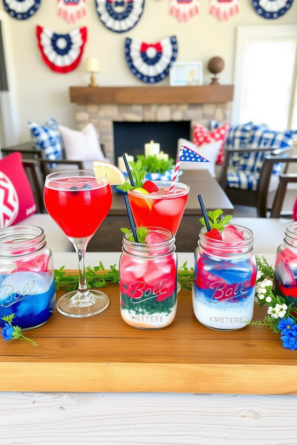 Themed cocktails served in mason jars with vibrant colors and garnishes create a festive atmosphere. The jars are arranged on a rustic wooden table adorned with red white and blue decorations. Memorial Day basement decorating ideas include patriotic banners and comfortable seating arrangements. Add cozy blankets and themed cushions to enhance the inviting ambiance for gatherings.