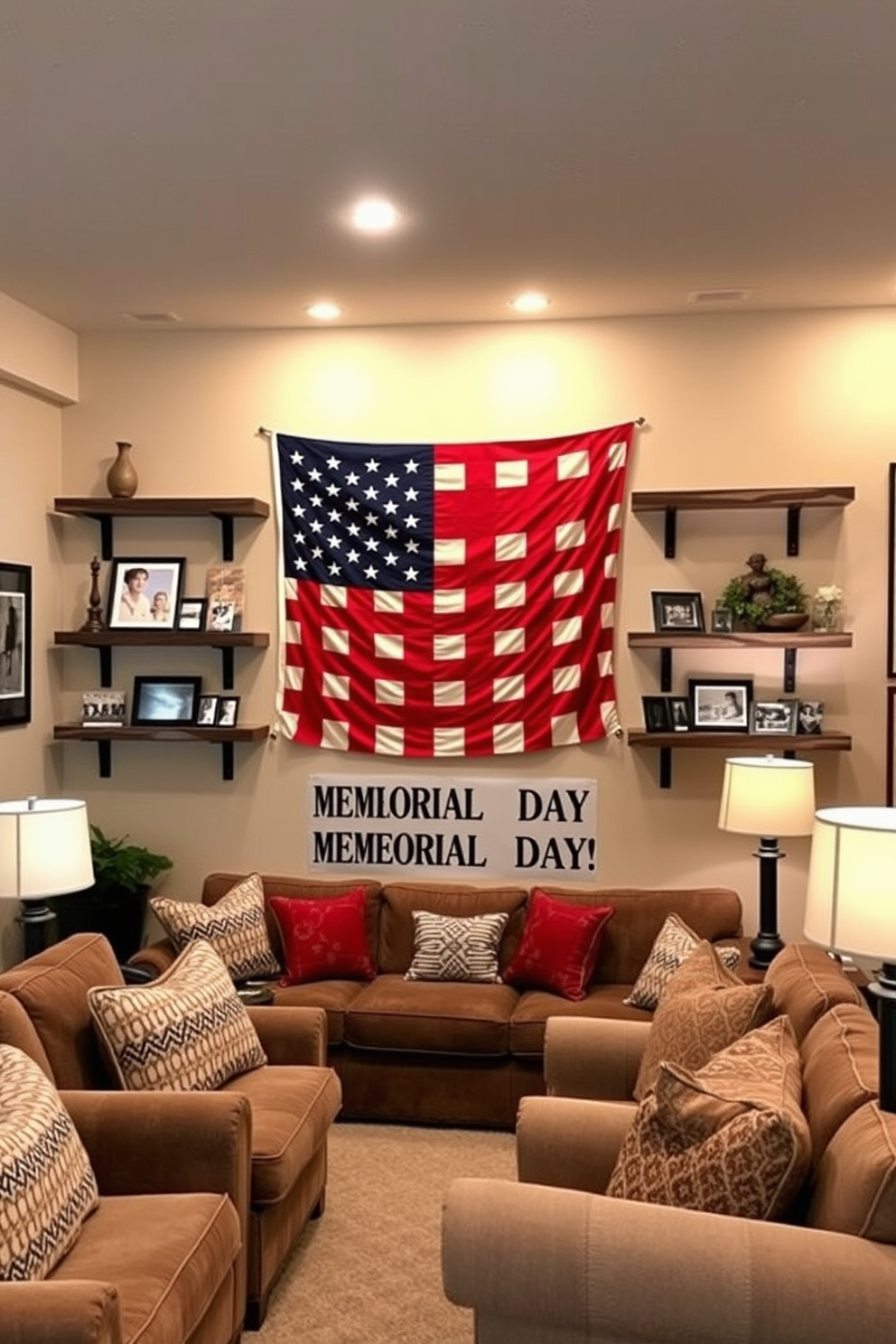 A vintage American flag wall hanging is prominently displayed on the wall, adding a patriotic touch to the basement decor. Surrounding the flag, rustic wooden shelves are adorned with memorabilia and photos that celebrate Memorial Day. The basement features comfortable seating arrangements with plush sofas and armchairs, creating an inviting atmosphere for gatherings. Soft lighting from stylish lamps enhances the cozy vibe, making it a perfect space for reflection and celebration.