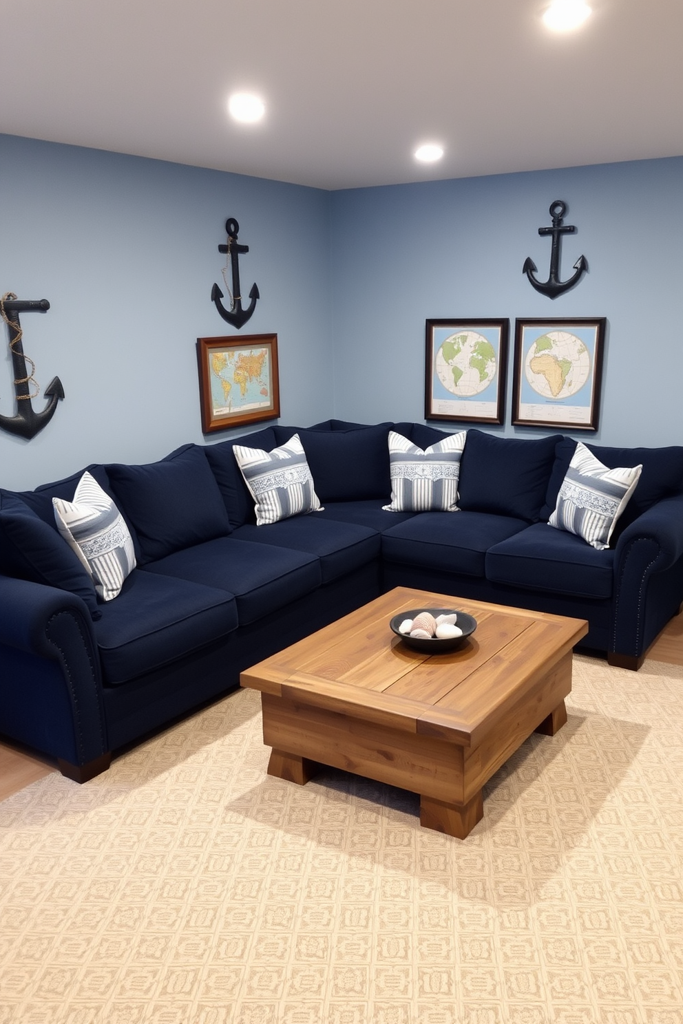 A cozy basement space designed with a nautical theme. The walls are painted in a soft blue hue, and decorative anchors are displayed on the walls alongside framed nautical maps. A plush sectional sofa in navy blue is arranged around a rustic coffee table made from reclaimed wood. Accent pillows with striped patterns and seashell motifs add a touch of coastal charm to the seating area.